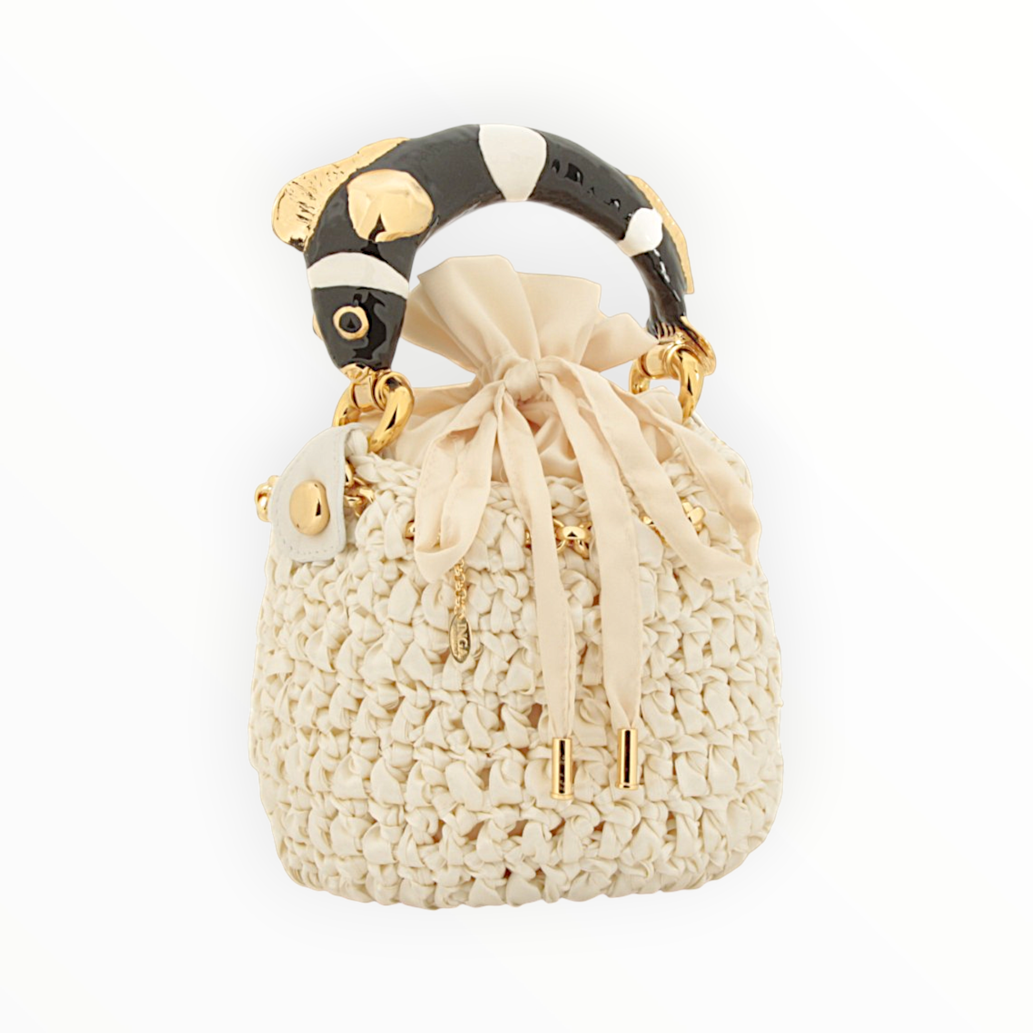 INGA Nemo Black & White handmade off-white satin bucket bag with sculptural clownfish handle in black ivory enamel and gold finish
