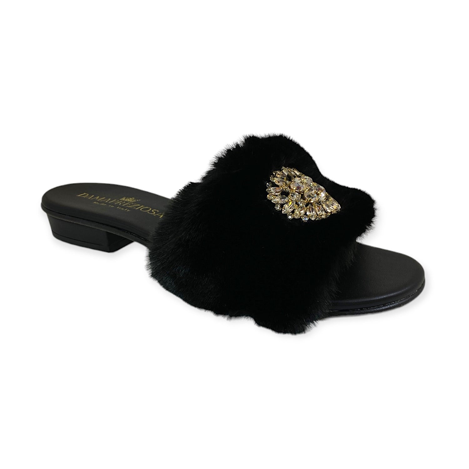 Victoria flat mule in black faux fur with crystals