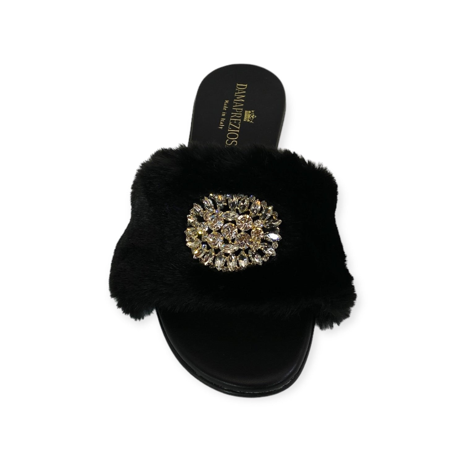 Victoria flat mule in black faux fur with crystals