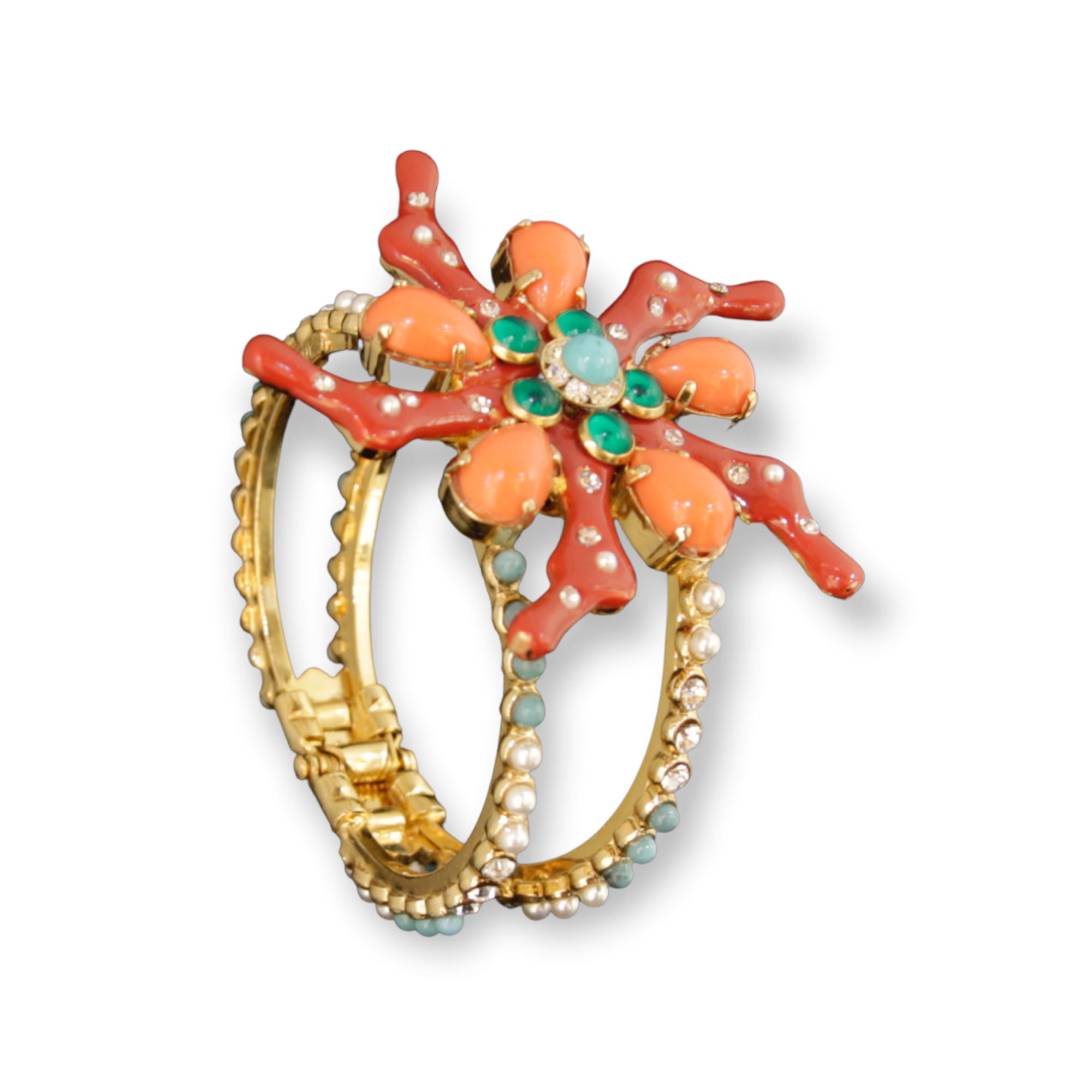 Made in Italy. Carlo Zini Magnificent bracelet with a coral reef theme Hypoallergenic rhodium plated in 18 KT gold and multicolor enamels elegant construction in swarovski crystals, pearls and multicolored resins 100% handmade