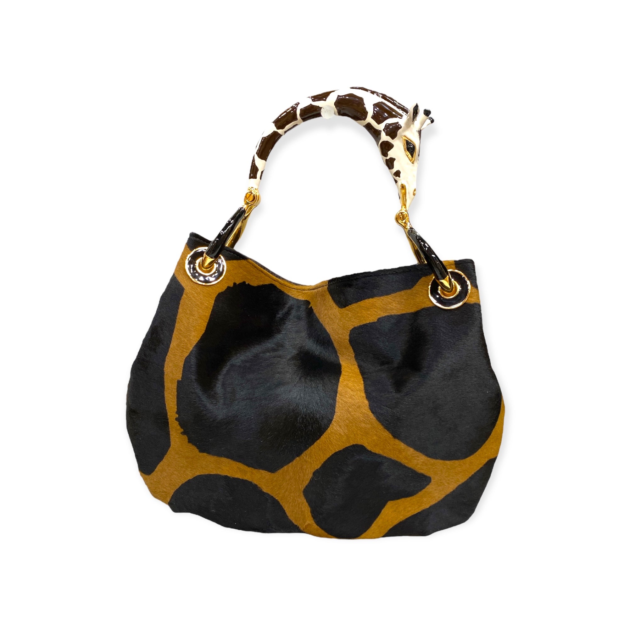 LUXURY HANDBAGS COLLECTION Creart2 Made in Italy Precious handbag made in Italy with fine accessories made in polychrome enamels and exclusive hides, every bag is the result of an accurate handcraft manufacture that makes it unique. The "sculpture" handle is made of metal with 24 Kt Gold Plated parts and the enamel is GIRAFFE SMALL BAG WITH PONY-HAIR PRINT