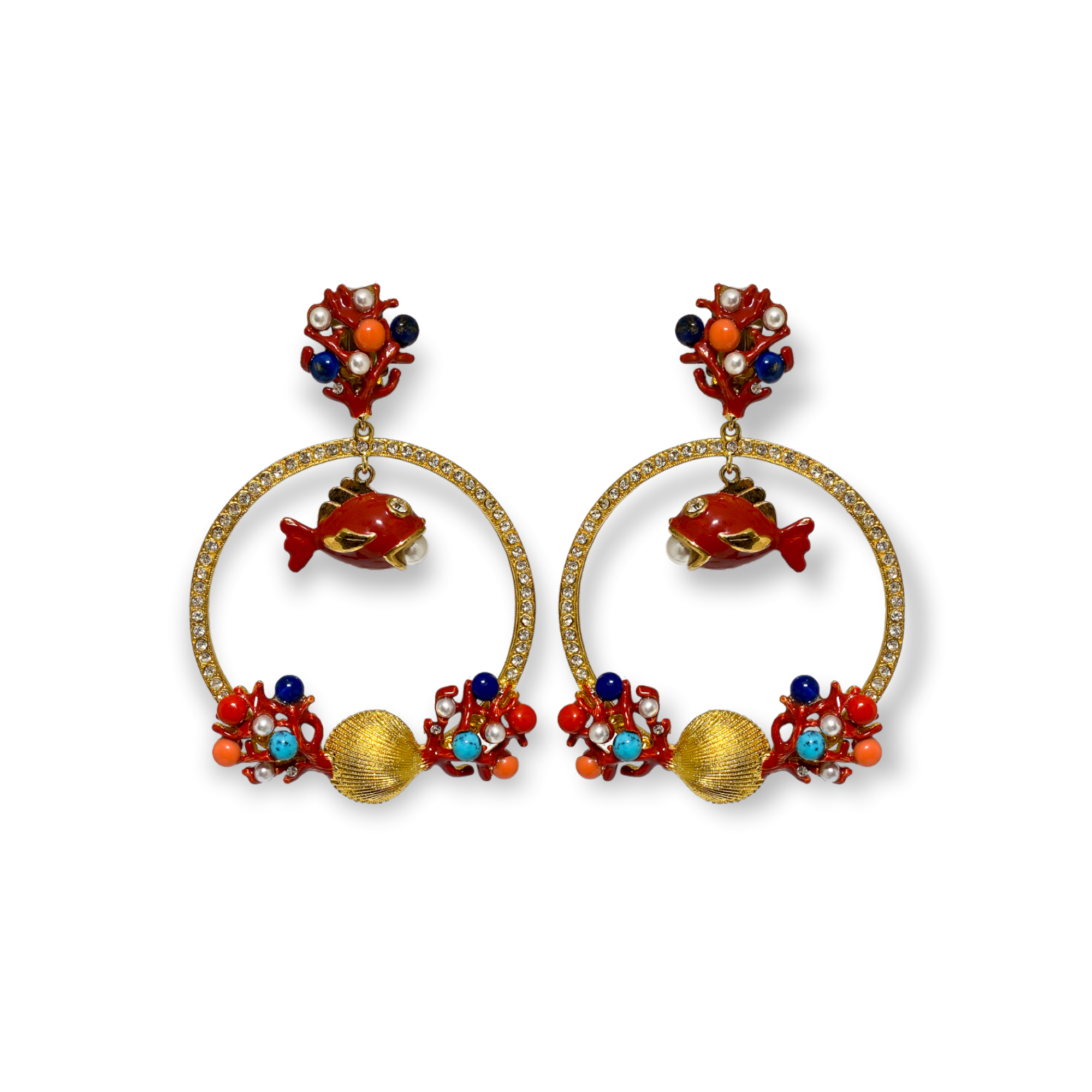 Made in Italy. Carlo Zini. Earrings sea theme Hypoallergenic rhodium plated in 18 KT gold and multicolor enamels elegant construction in swarovski crystals, pearls and multicolored resins 100% handmade in Italy