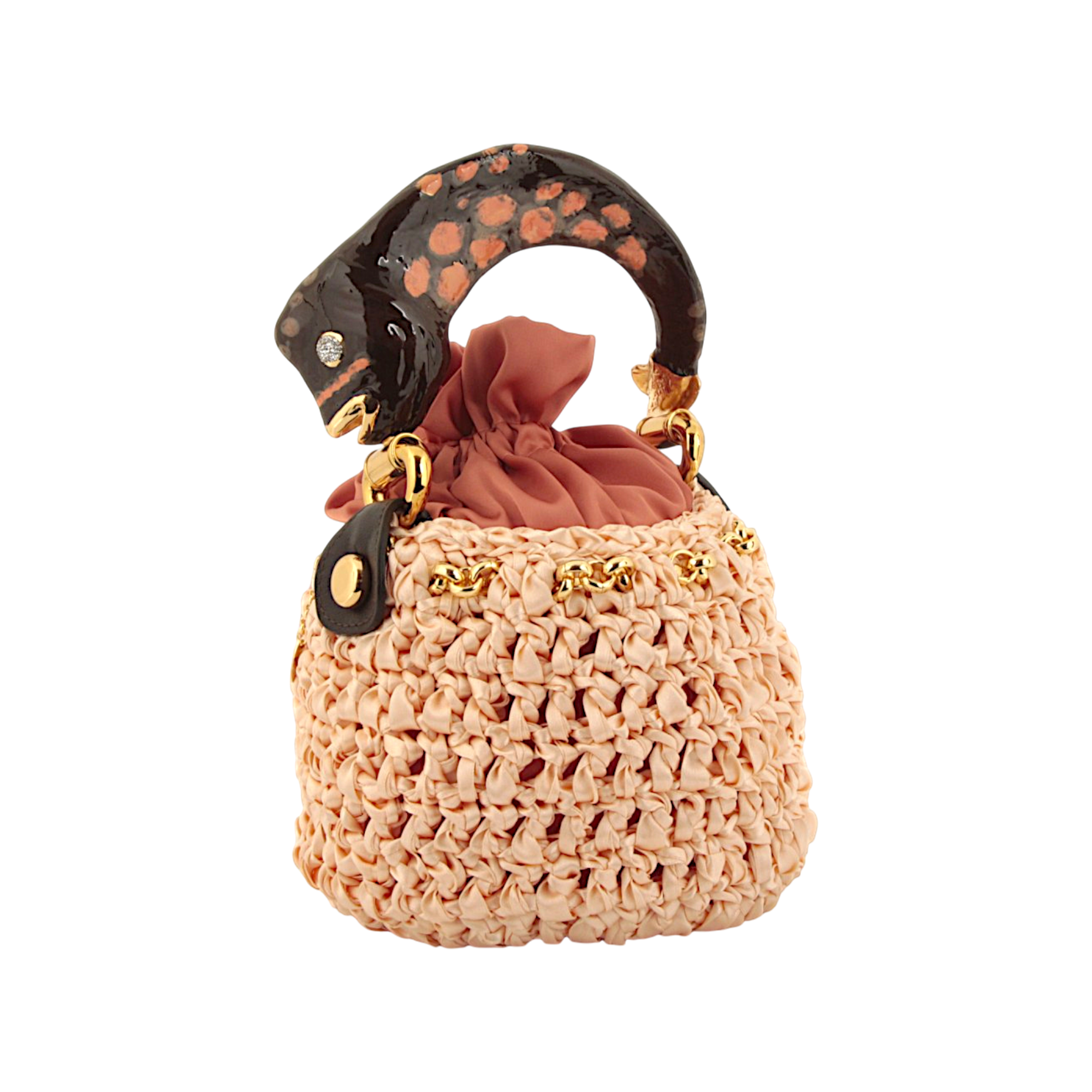 Blush bucket bag in crocheted satin with fish sculpture handle