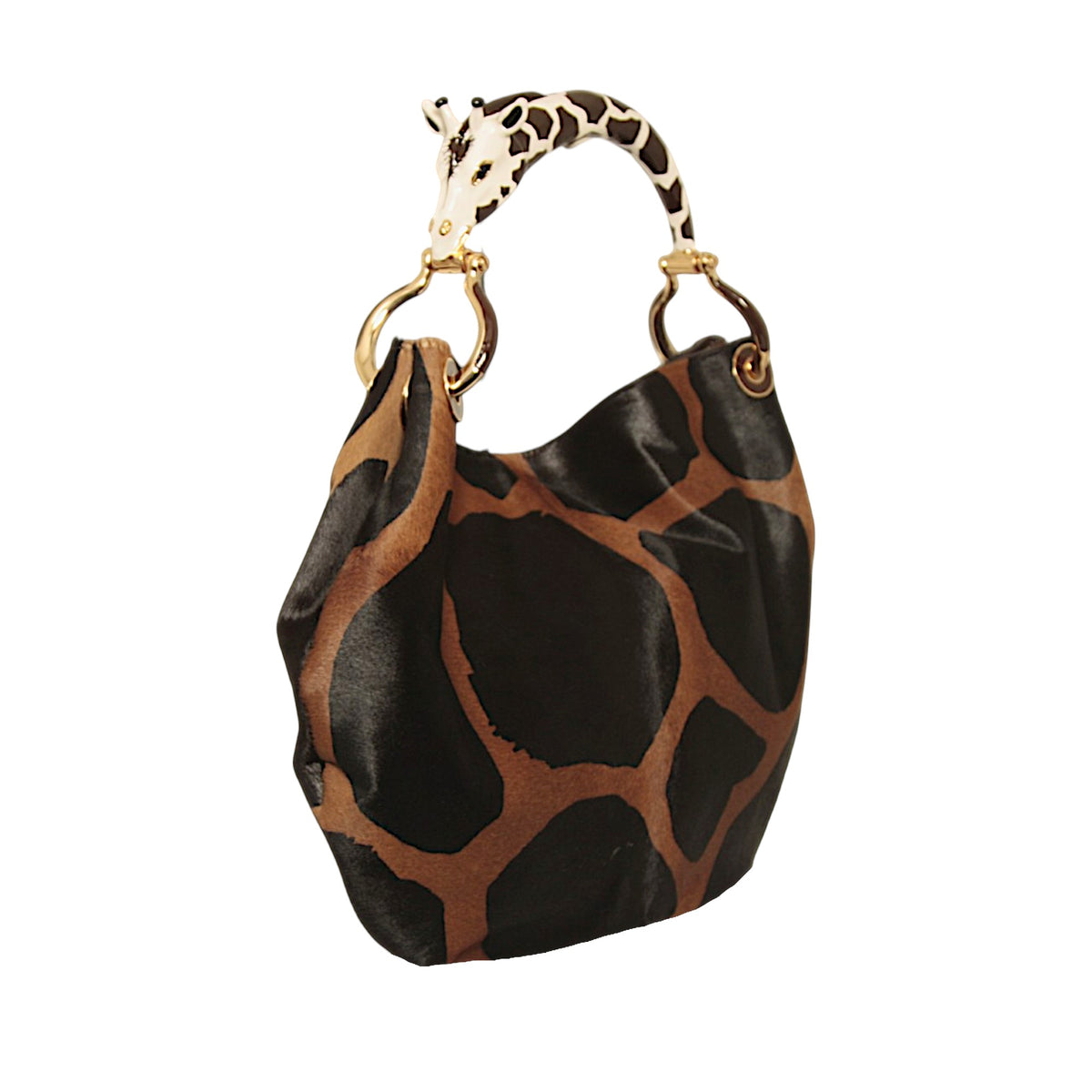 Large brown and black giraffe-print leather bag with an ivory and brown enamelled giraffe sculpture handle.