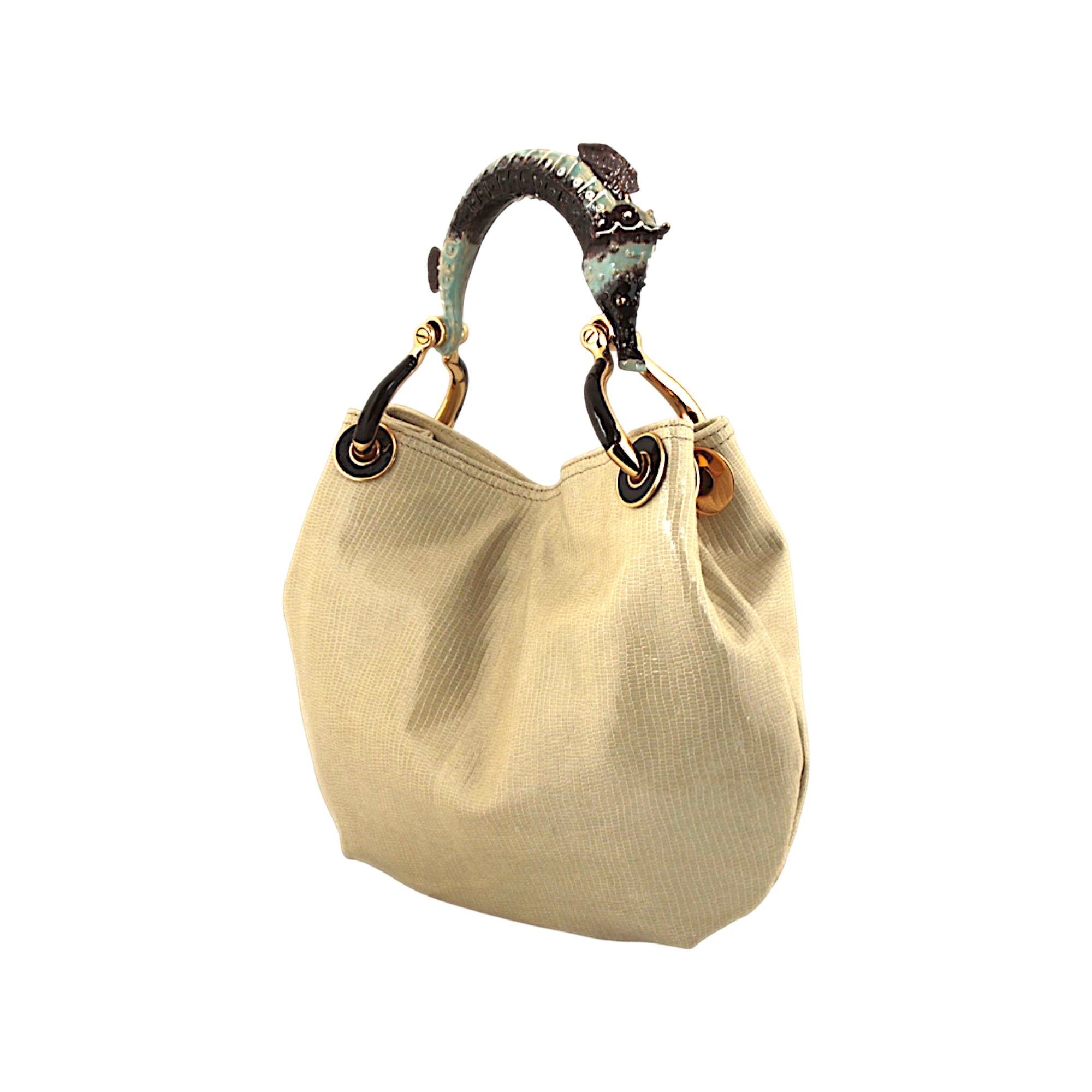Sea Horse Small Handbag with Cream Lizard-Printed Leather