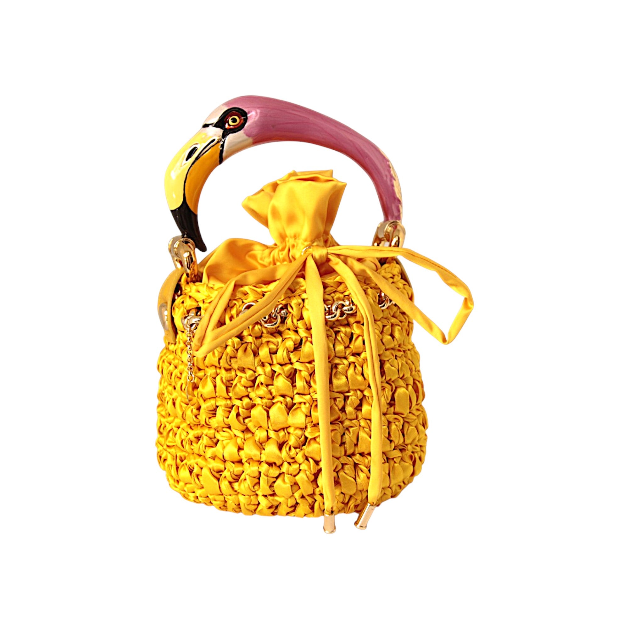 Yellow Bucket Bag with Flamingo Sculpture Handle