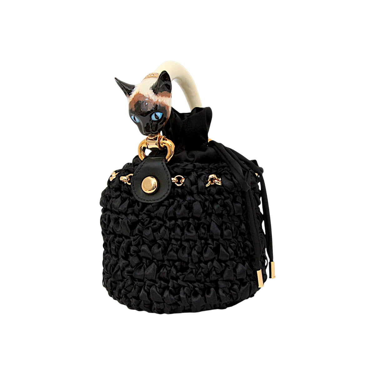 Black handcrafted satin crochet bucket bag with sculptural enamel cat handle and gold-tone details, Made in Italy