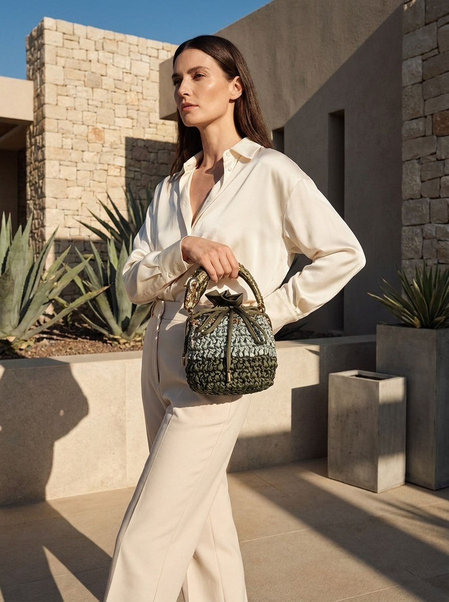 Two-Tone Green Bucket Bag with Crocodile Sculpture Handle