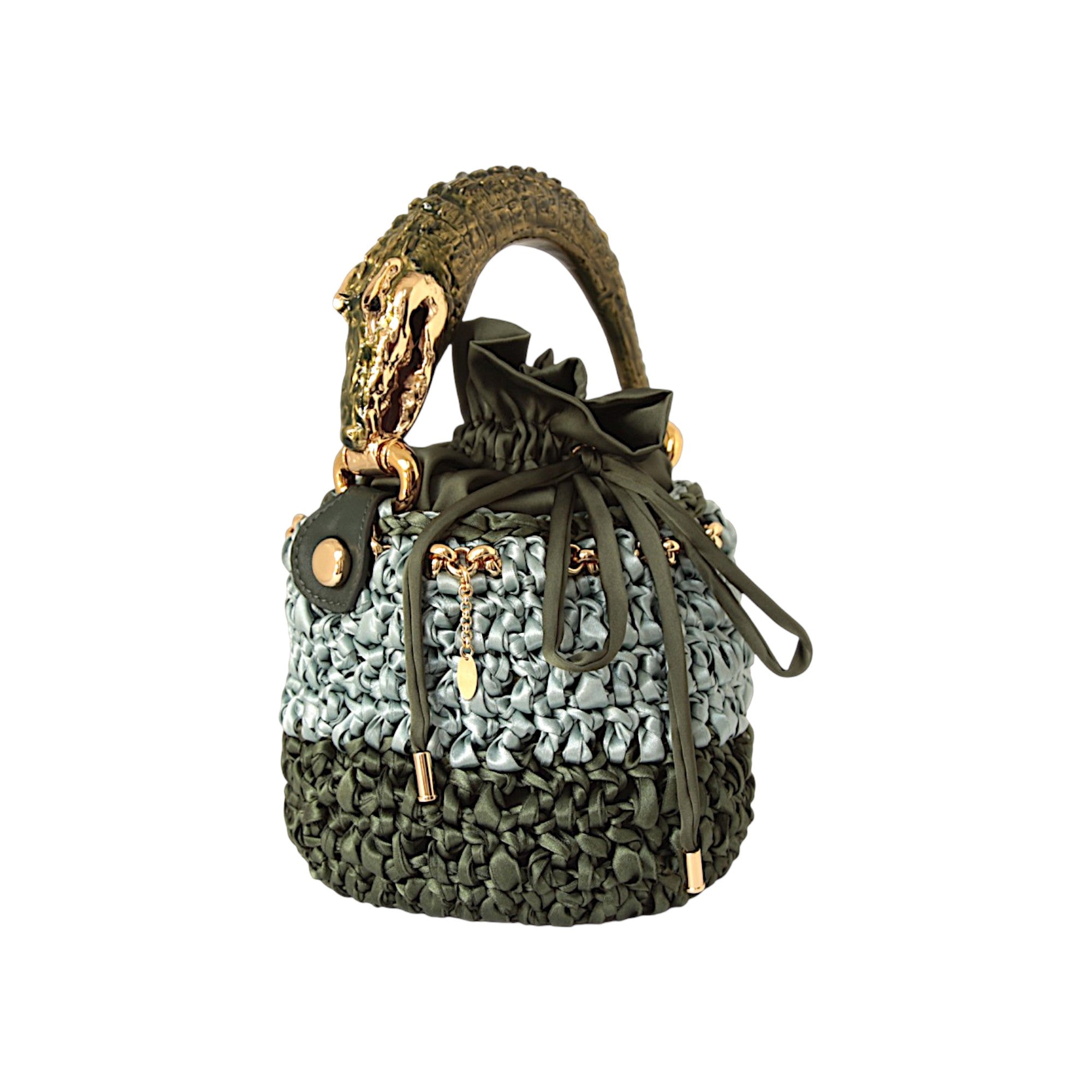 Handmade Italian two-tone green bucket bag with sculptural crocodile handle