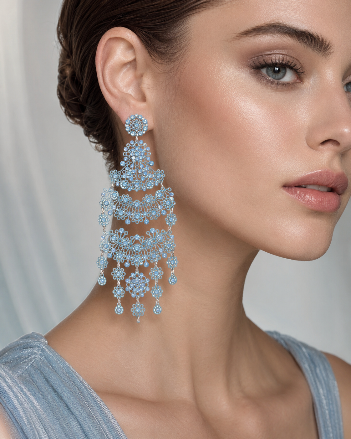 Merletti 01 Drop Earring in Sky Blue shown on mannequin to illustrate real proportions and length when worn.