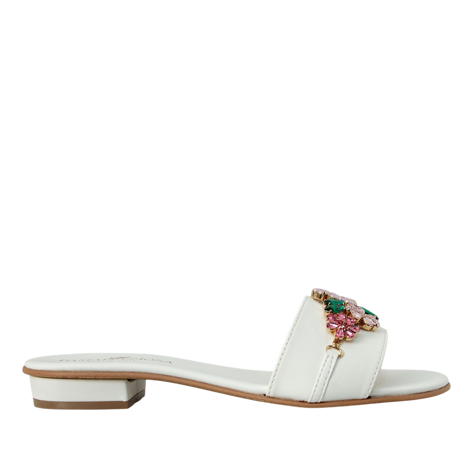 Elegant flat white mule sandal with floral crystal application in pink and green tones