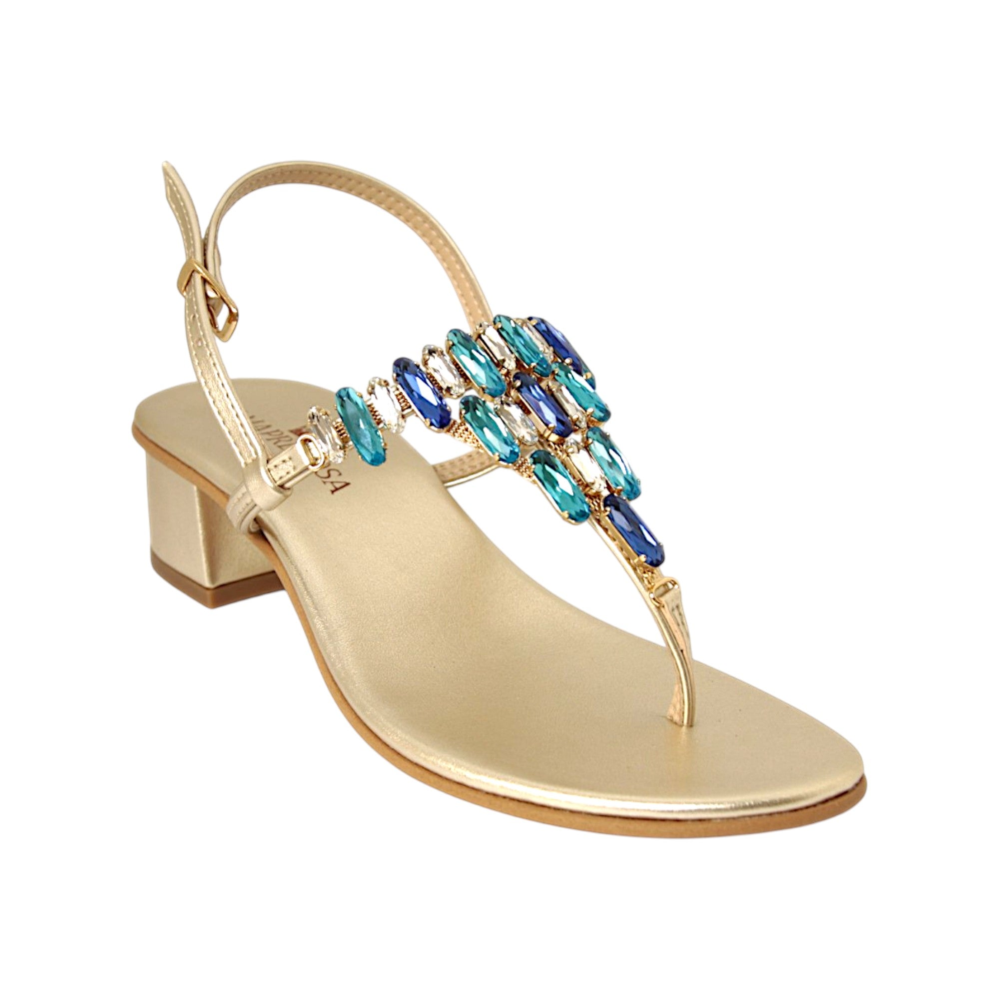 DAMAPREZIOSA Gabrielle Sapphire jewel sandal in platinum BioVeg® with blue crystals and 40 mm heel