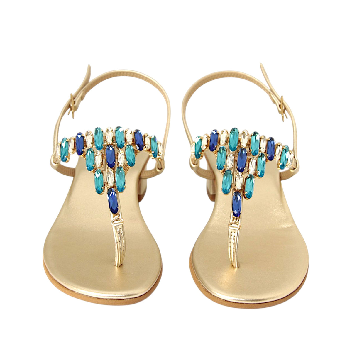 Pair of Gabrielle Sapphire jewel sandals handmade in Italy with sapphire and aquamarine crystals