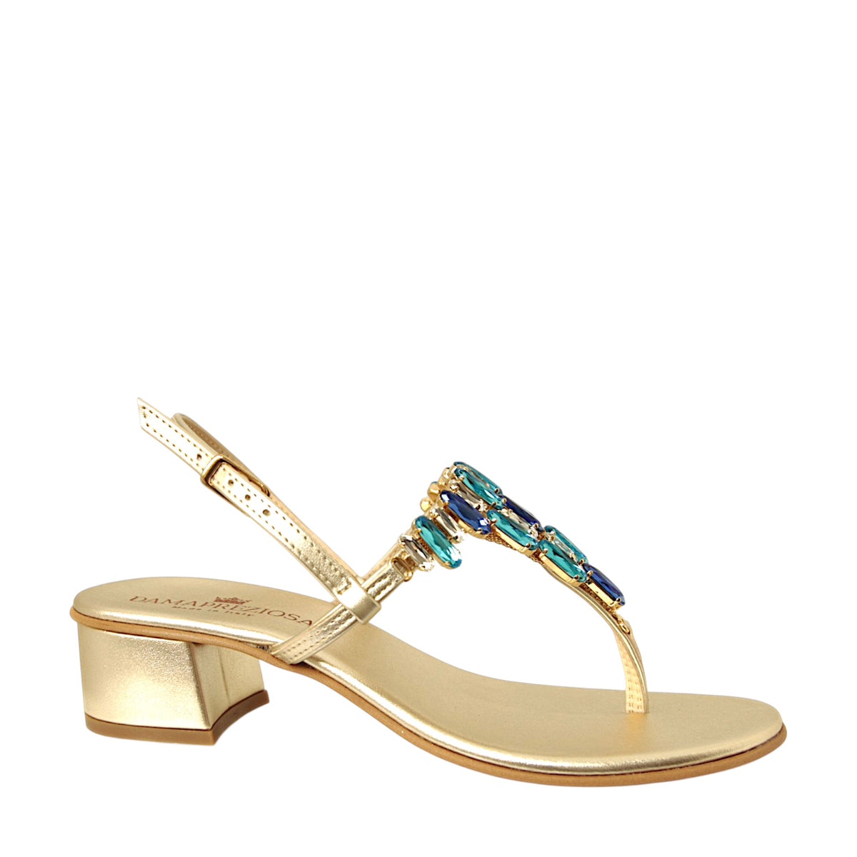 Side view of Gabrielle Sapphire platinum jewel sandal with covered 40 mm block heel