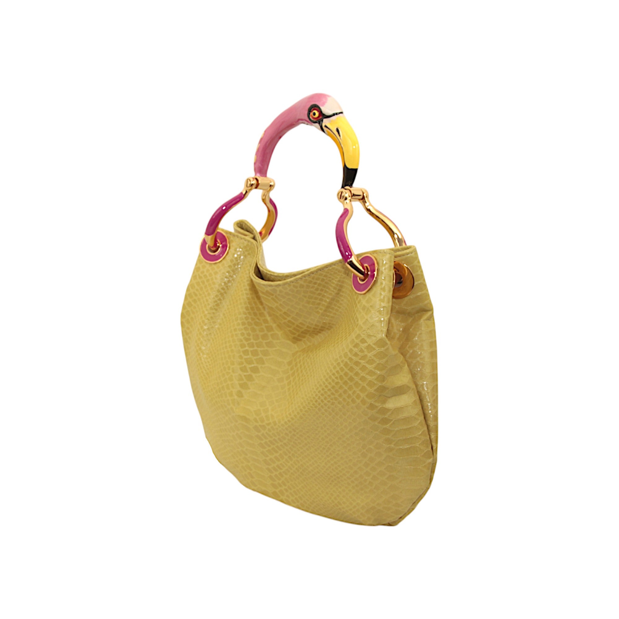 BOLSO PEQUEÑO FLAMINGO EN PIEL DE ALTA CALIDAD CON ESTAMPADO AMARILLO