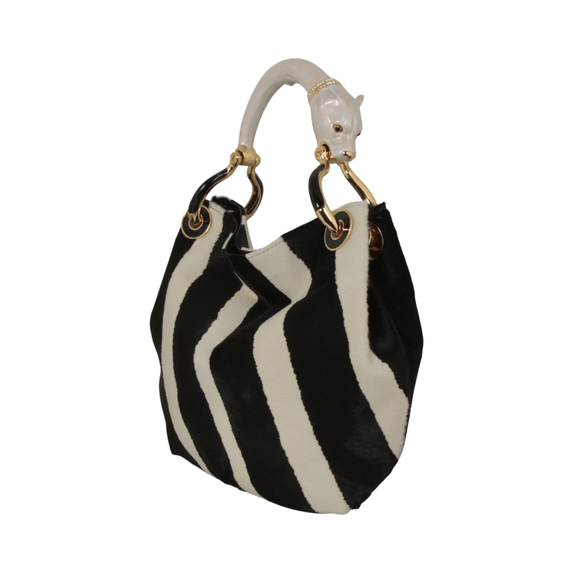PEARL COLOR  PANTHER  WITH PRINTED PONY HAIR SMALL HANDBAG