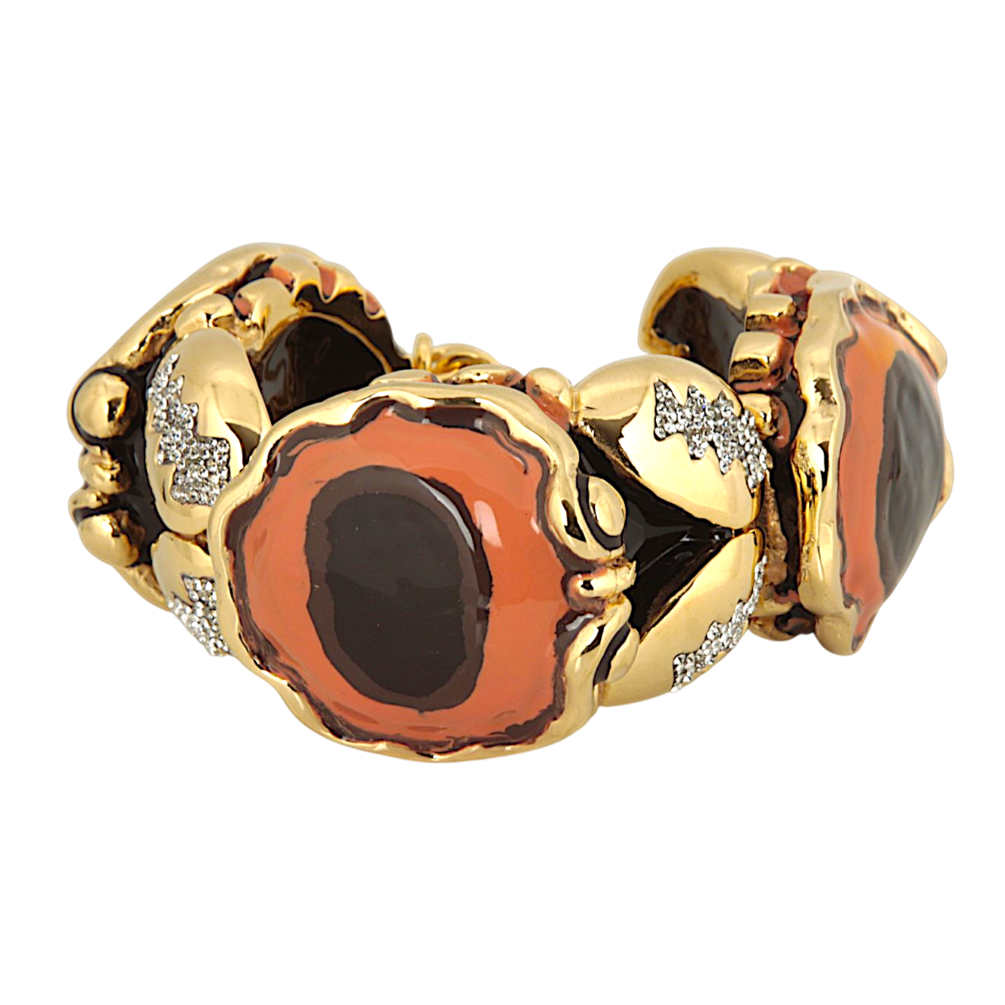 Large crab charm bracelet in hand-enameled 24 kt gold plated brass with Swarovski crystal details, Made in Italy
