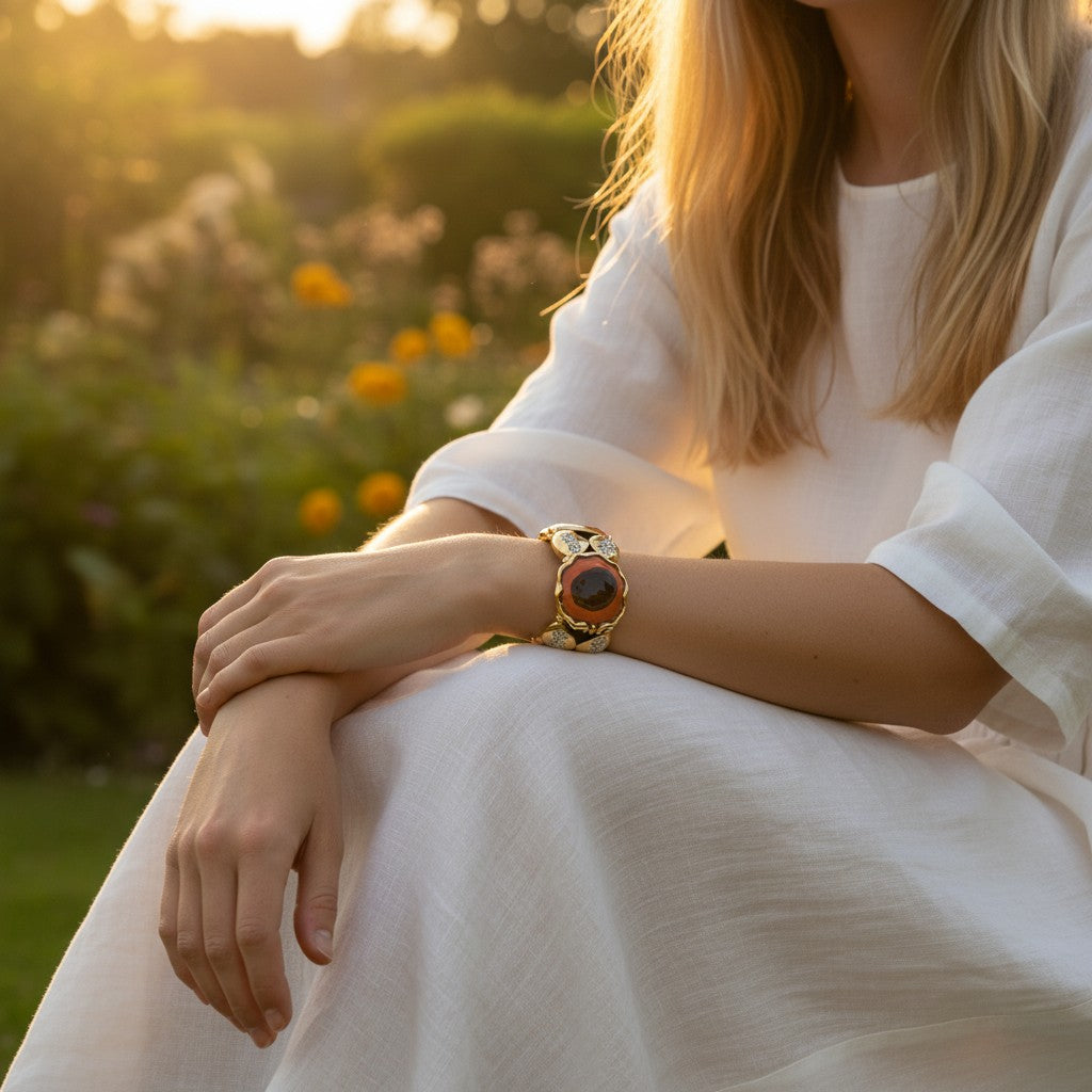 Large crab charm bracelet in hand-enamelled 24 kt gold plated brass with Swarovski crystal details, Made in Italy