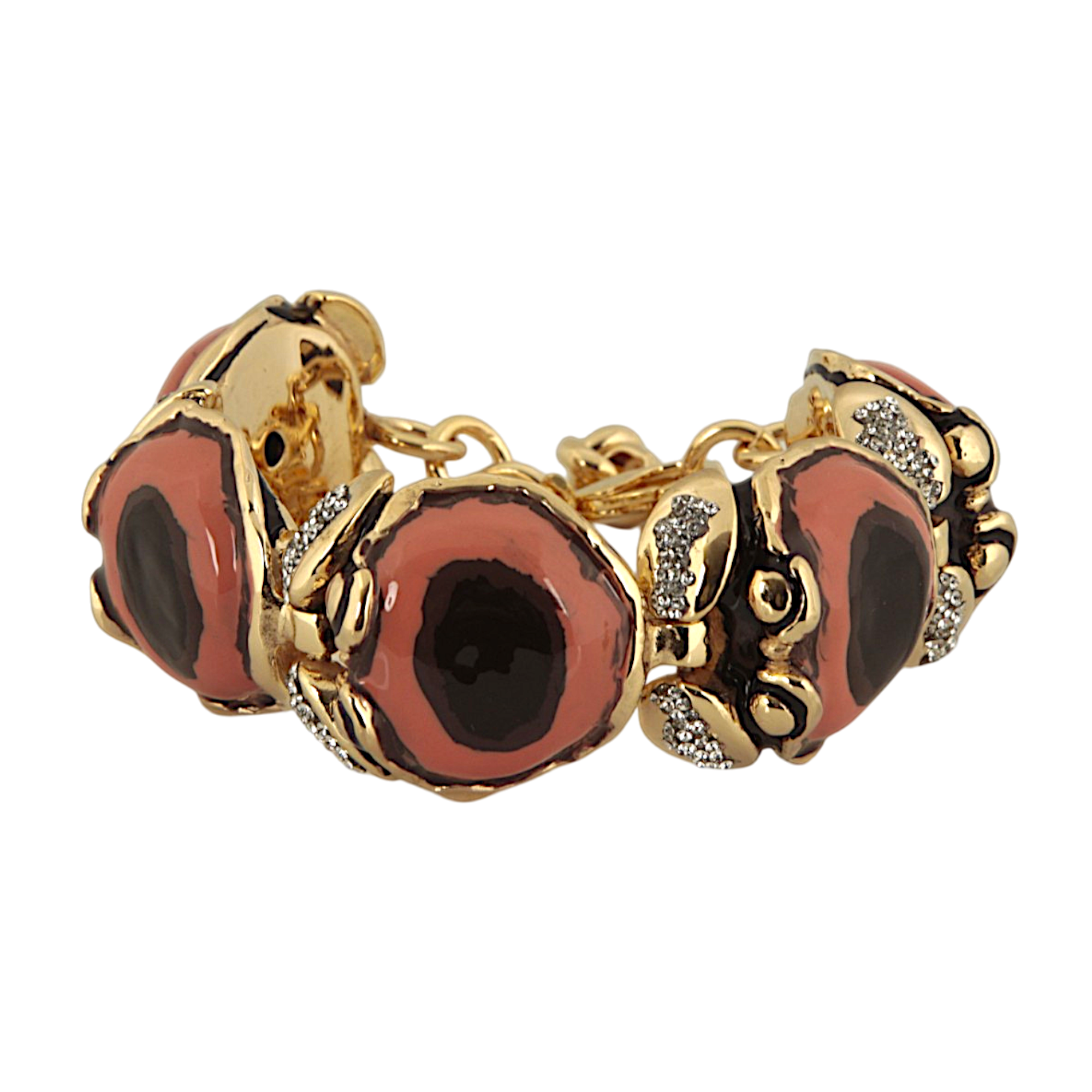Small articulated crab bracelet in hand-enamelled 24 kt gold plated brass with Swarovski crystal details, Made in Italy