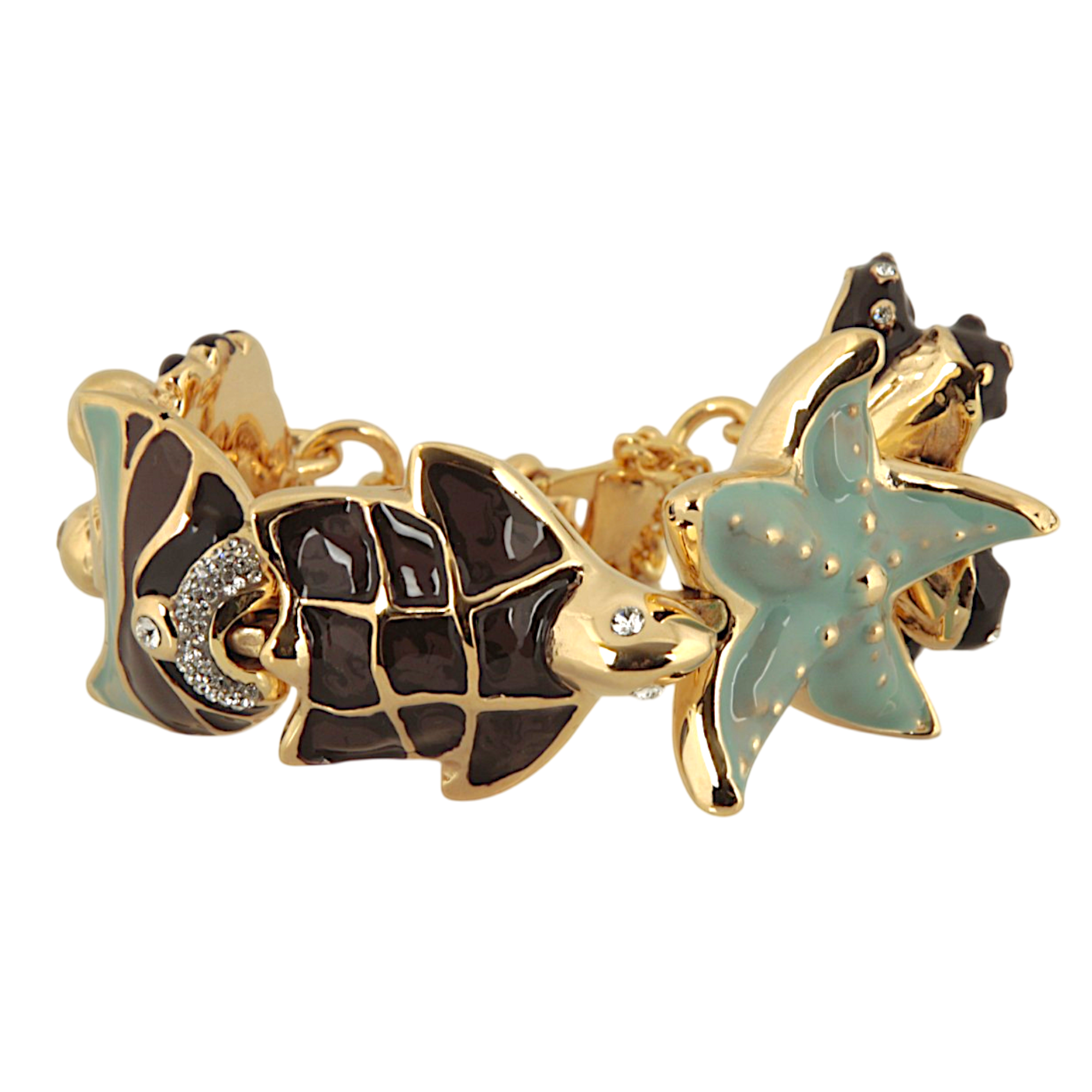 Marine charm bracelet with octopus, fish, crab, starfish and sea turtle elements in hand-enamelled 24 kt gold plated brass, Made in Italy
