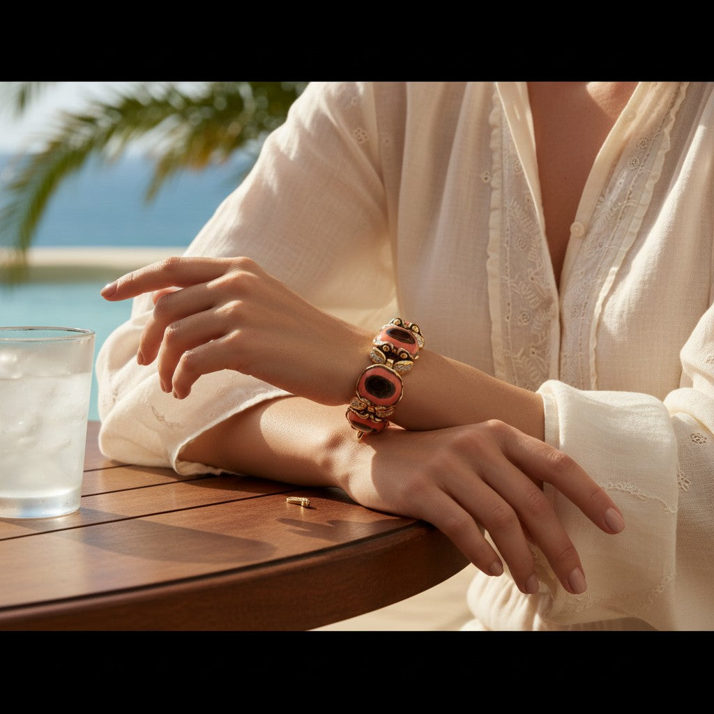 Small articulated crab bracelet in hand-enamelled 24 kt gold plated brass with Swarovski crystal details, Made in Italy