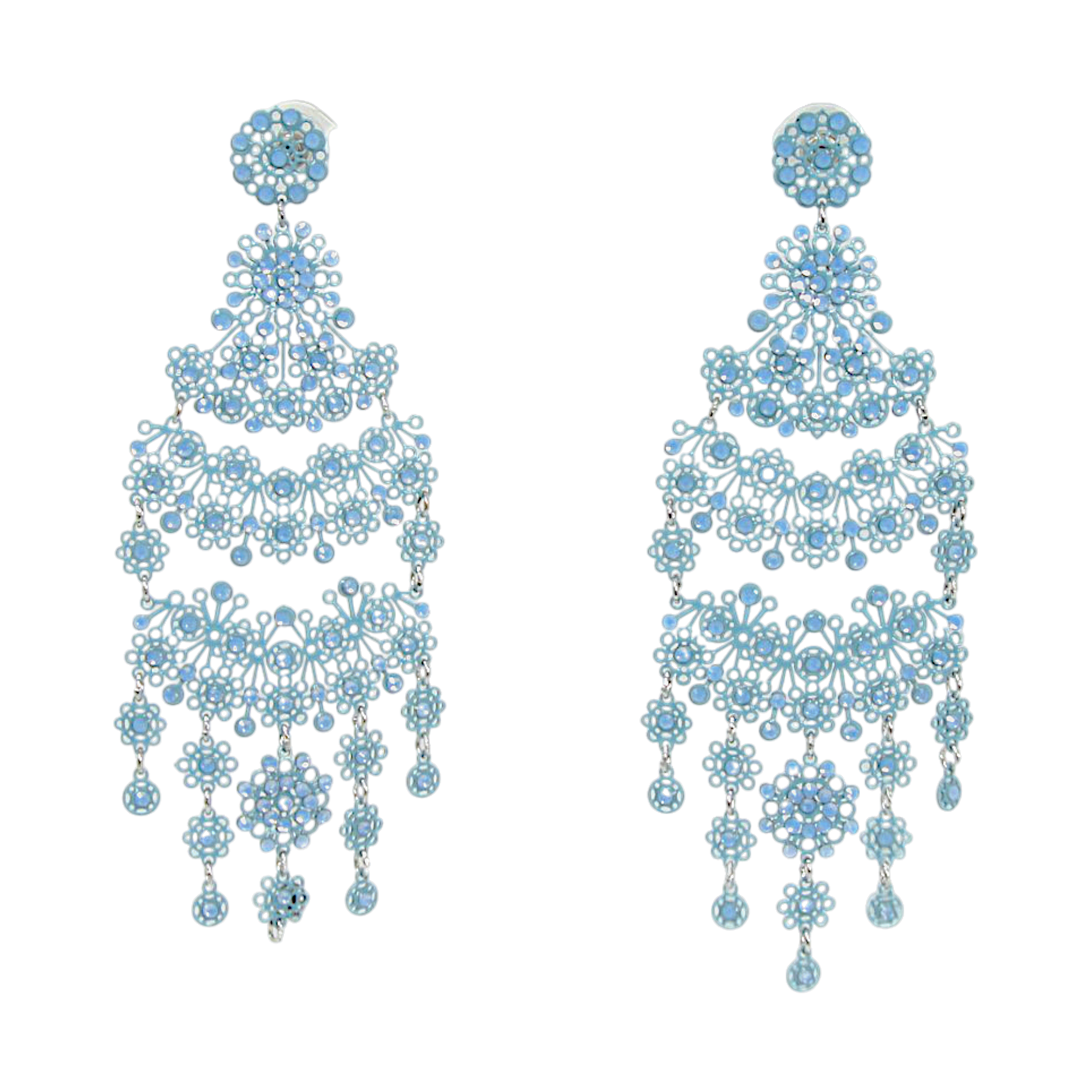 Light blue chandelier earrings with enamelled lace-inspired metal laminae and Swarovski crystals, INGA Sirmione.

Celeste lace chandelier earrings with openwork structure, crystal embellishments and dangling details.

Statement light blue enamel earrings inspired by antique lacework, embellished with Swarovski crystals.
