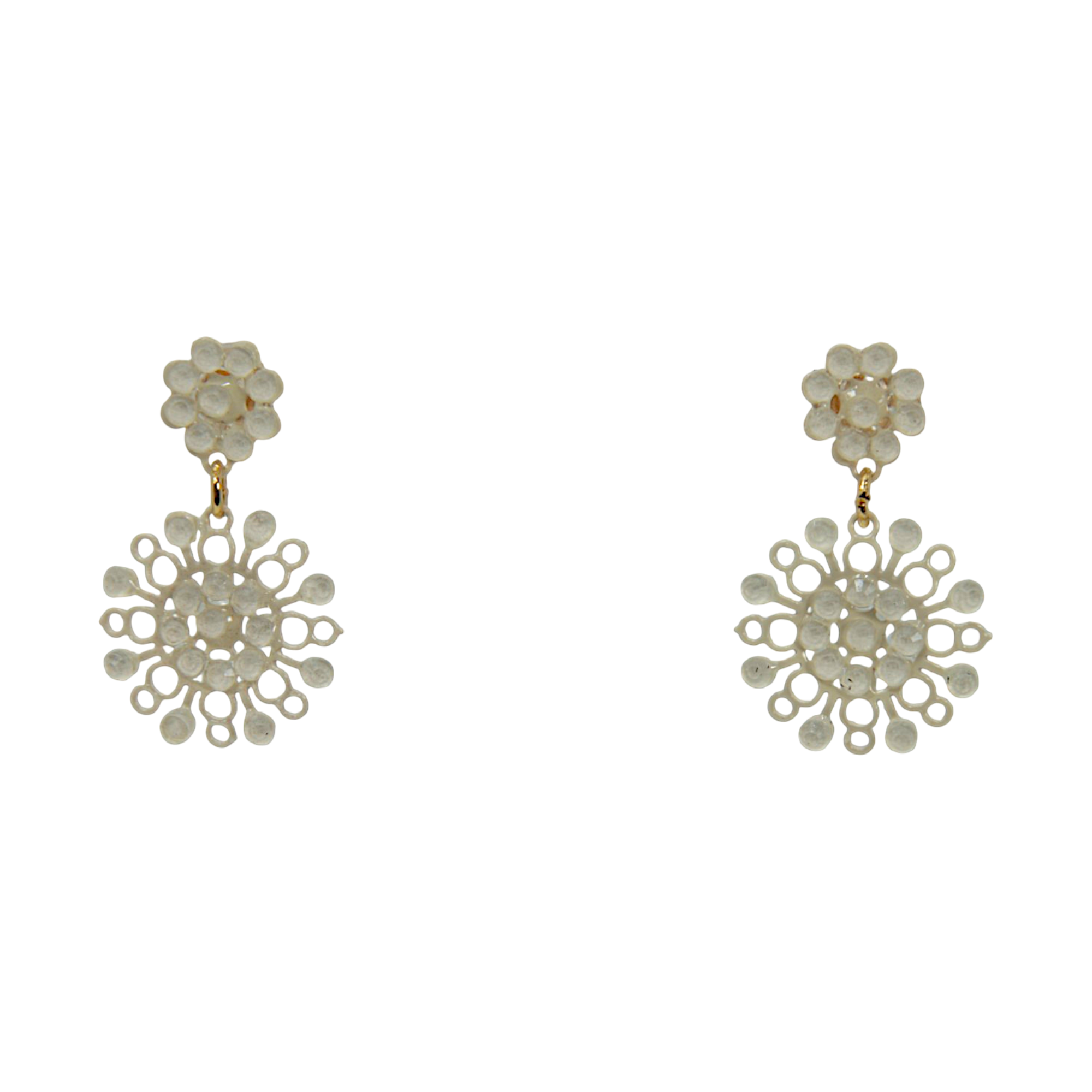 Merletti 04 Petite Drop Earrings in Ivory with enamelled metal laminae and crystal embellishments.