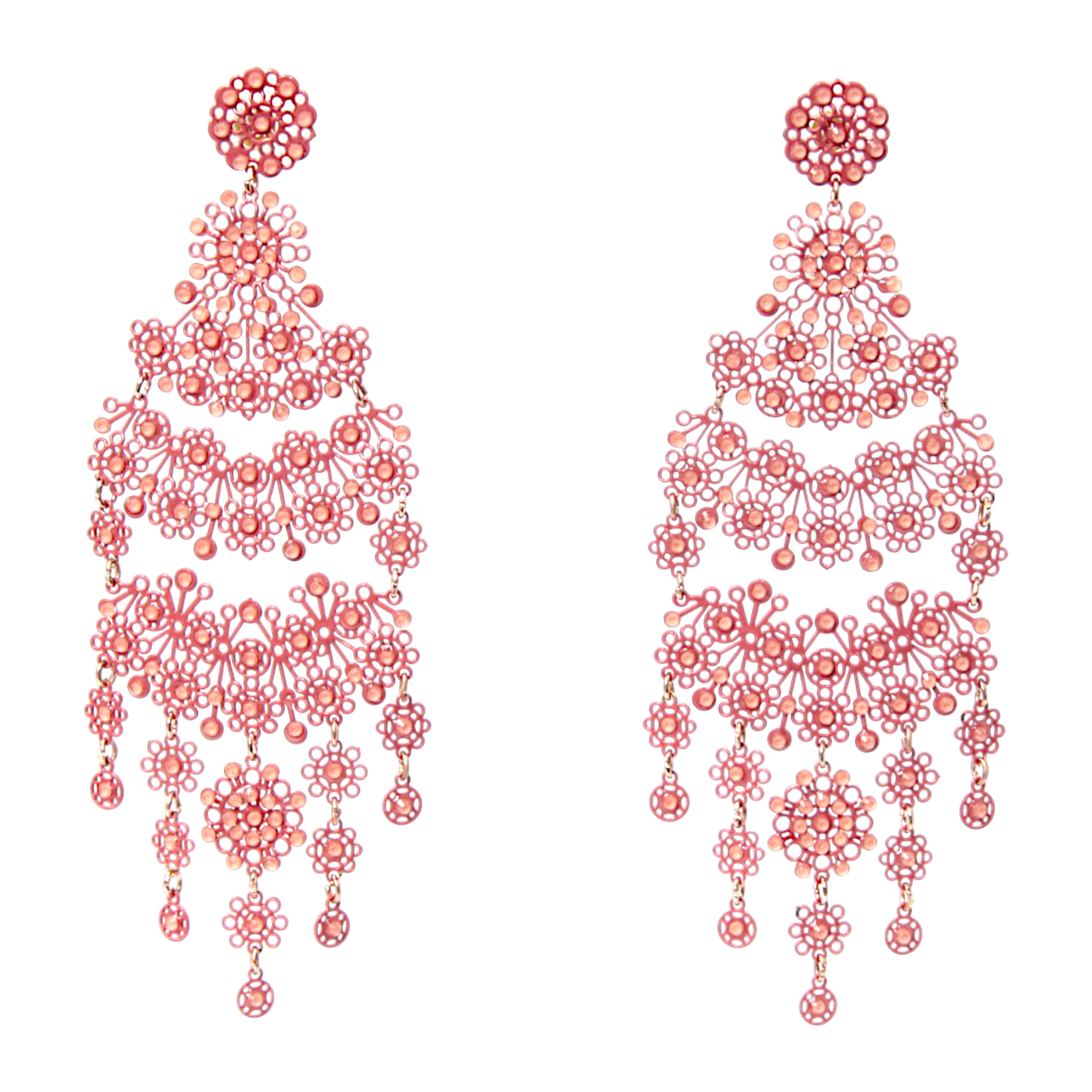 Merletti 01 Drop Earrings in Coral Rose with openwork enamelled metal laminae and crystal embellishments.