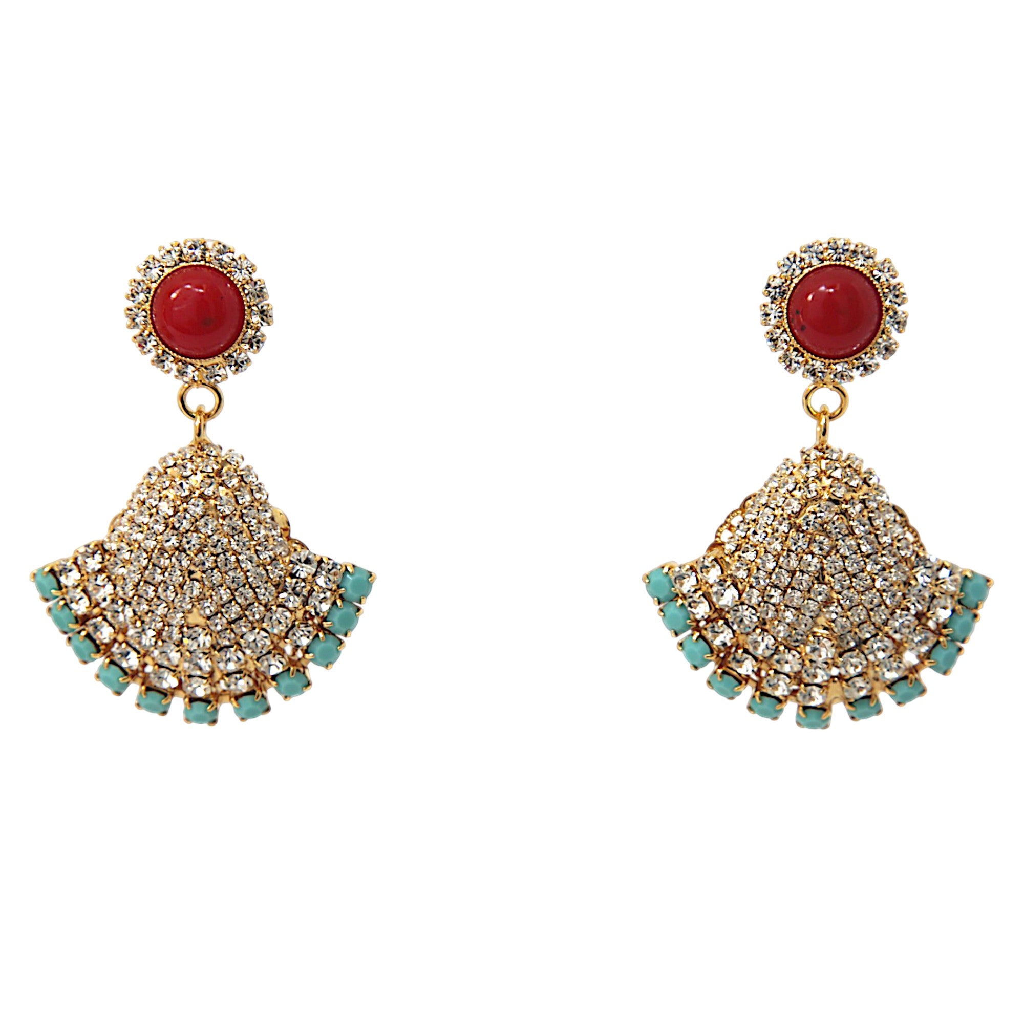 Venere Coral Fan Earrings with coral-tone cabochon, crystal pavé fan motif and turquoise accents

Statement gold-tone fan earrings with red coral-style top and sparkling crystal embellishment

Mediterranean-inspired drop earrings from the Venere Capsule Collection

Venere Coral Fan Earrings worn with elegant evening styling

Crystal fan earrings with coral and turquoise details, luxury boutique jewelry