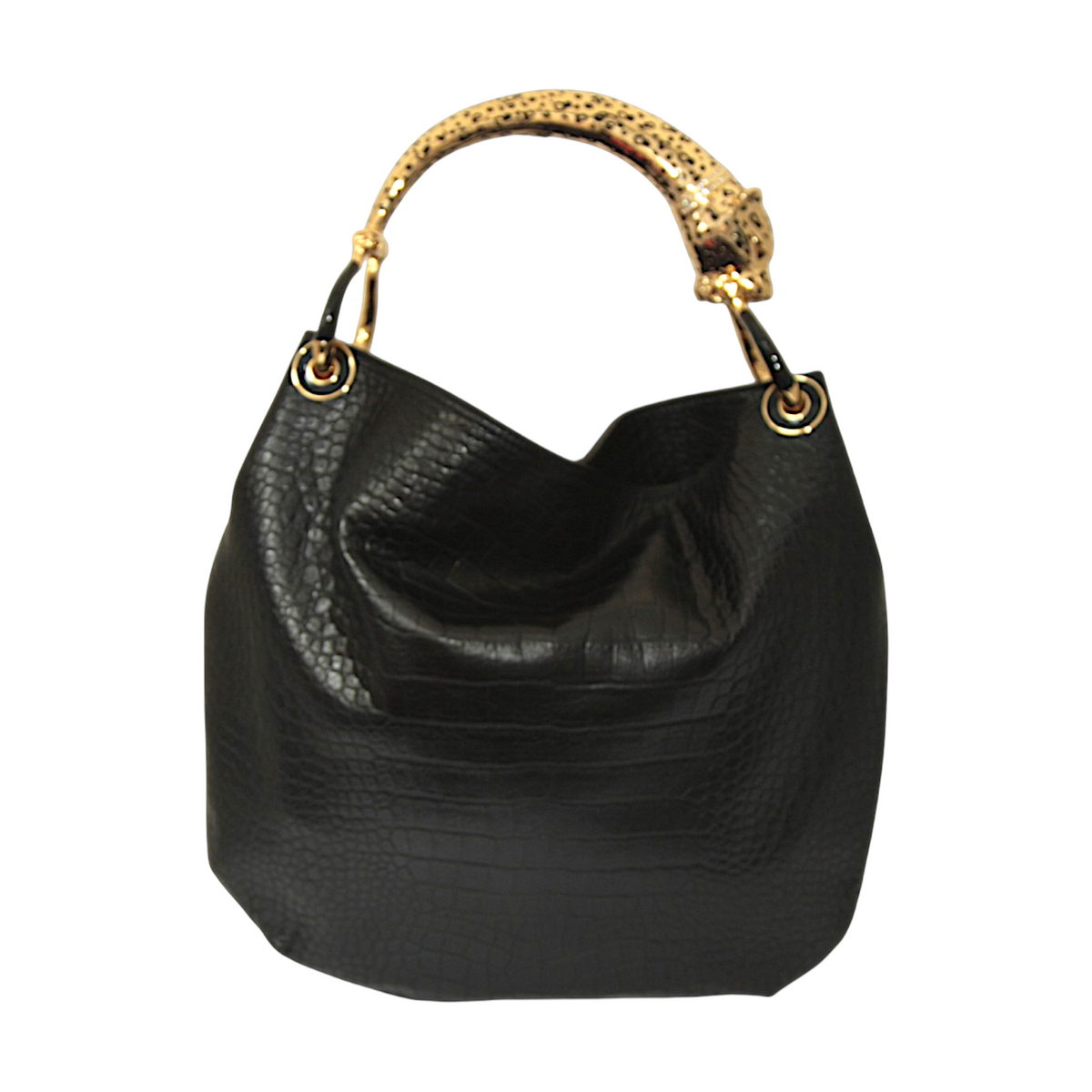 BLACK CROCO PRINTED LEATHER BAG WITH JAGUAR HANDLE