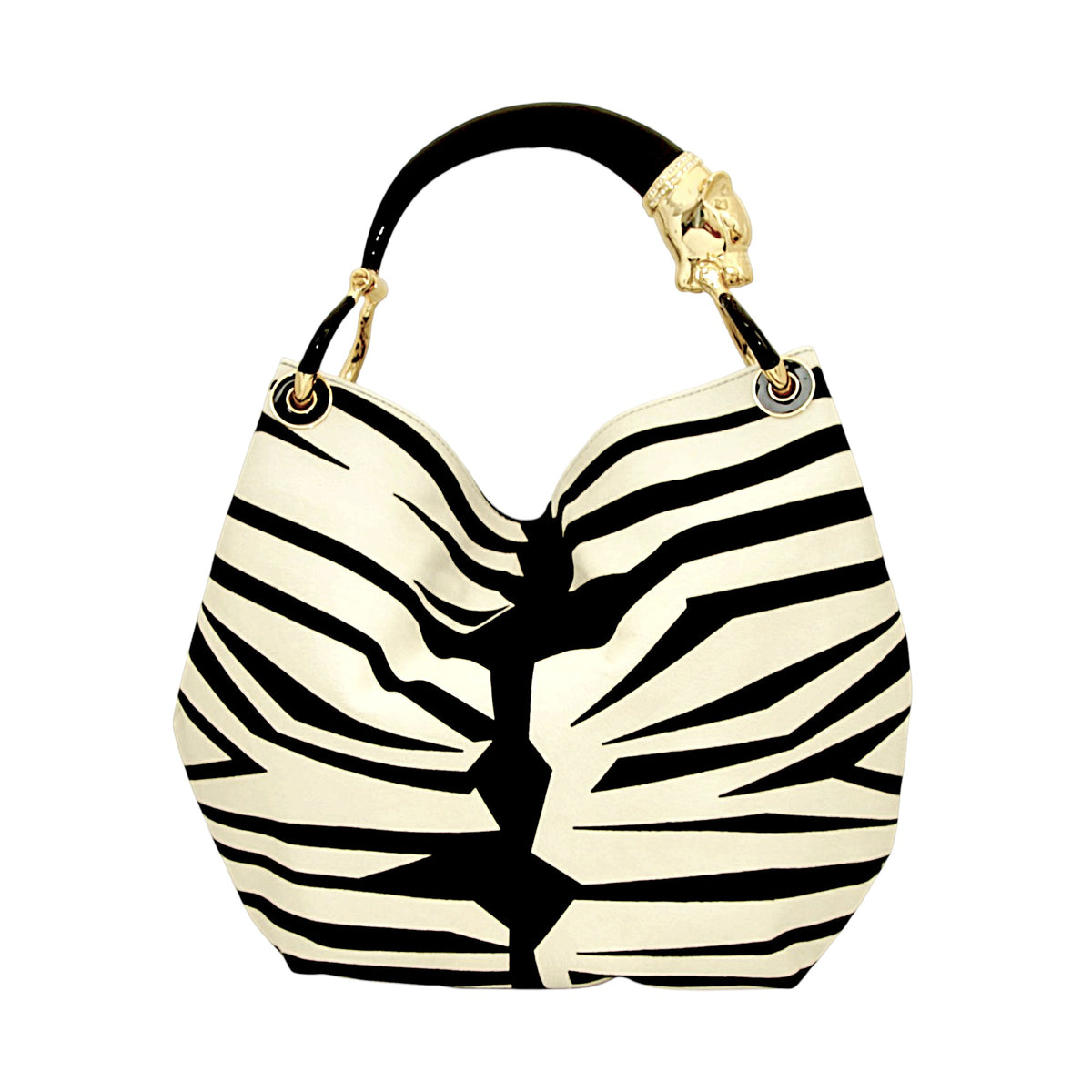 LARGE PRINT LEATHER BAG WITH BLACK PANTHER HANDLE