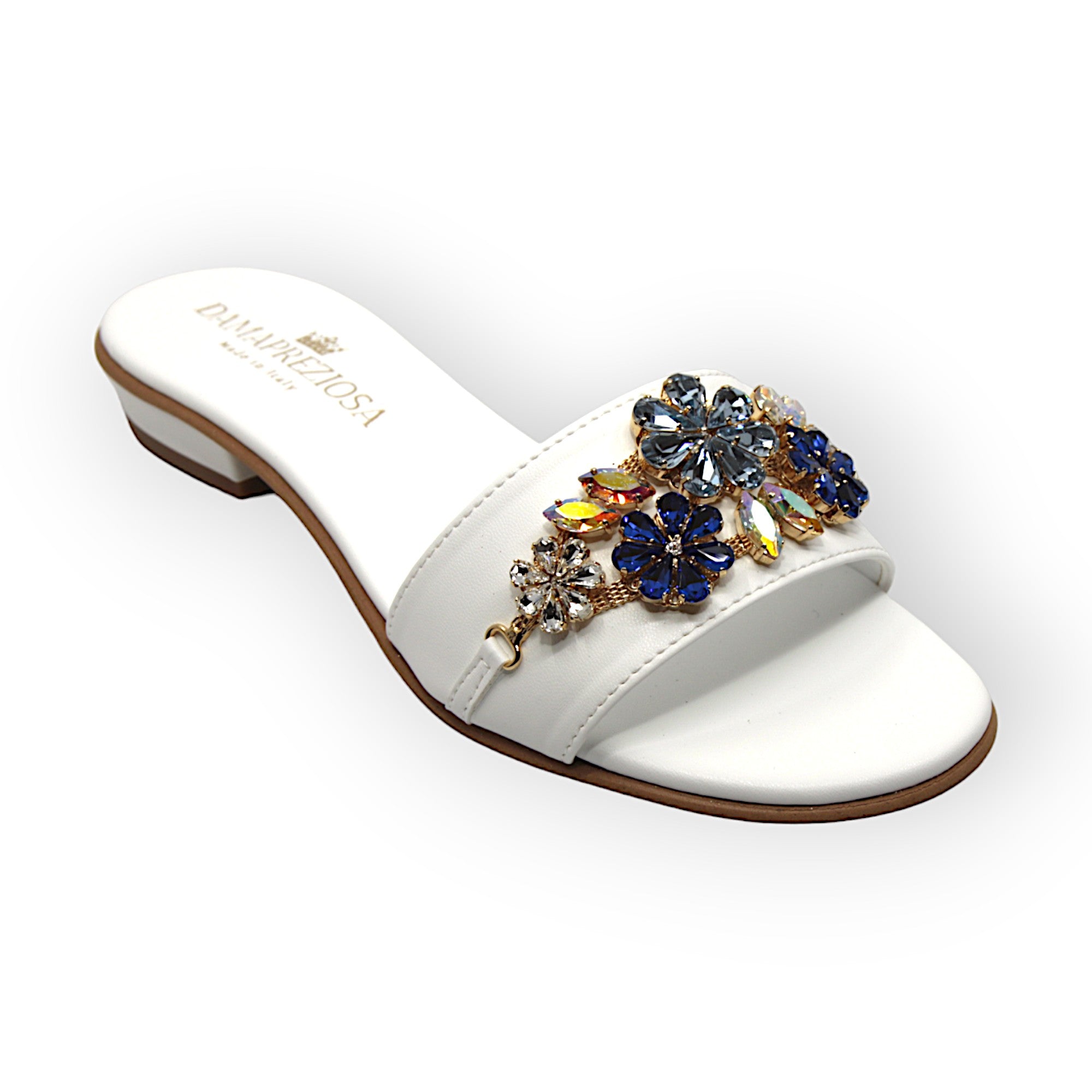 Flora White  Flat Mule Sandals With Sapphire Crystals Flat