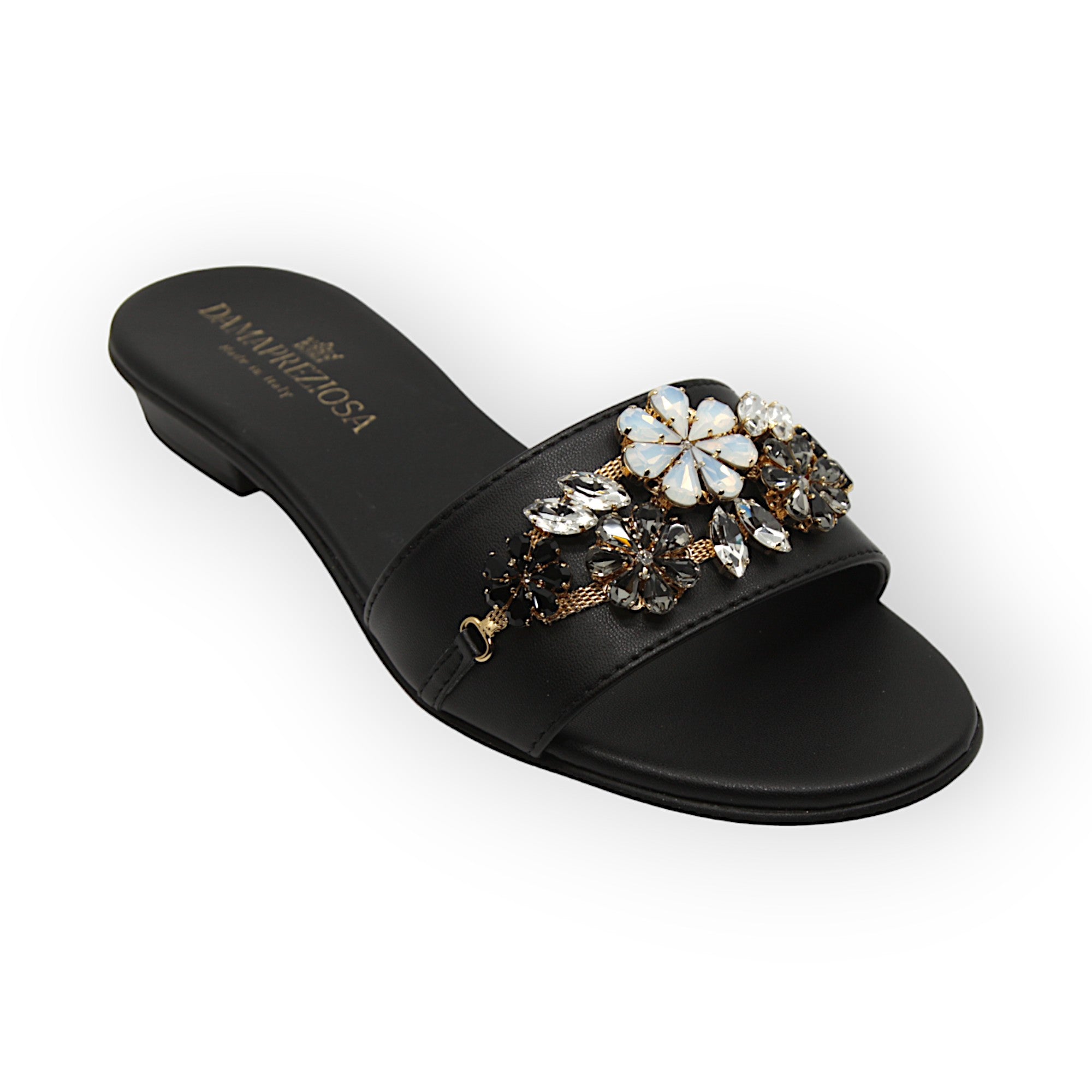 Flora Black Flat Mule Sandal With Crystals