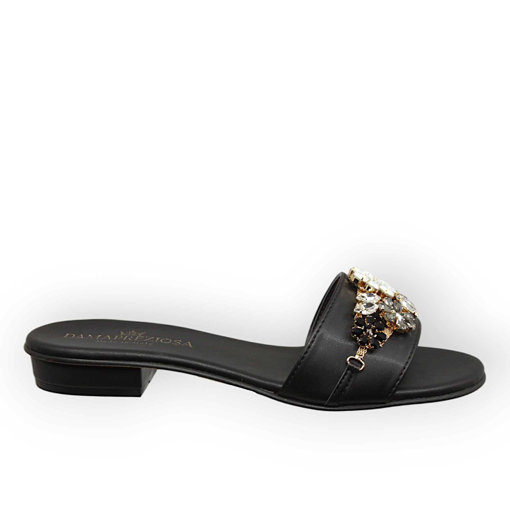 Flora Black Flat Mule Sandal With Crystals