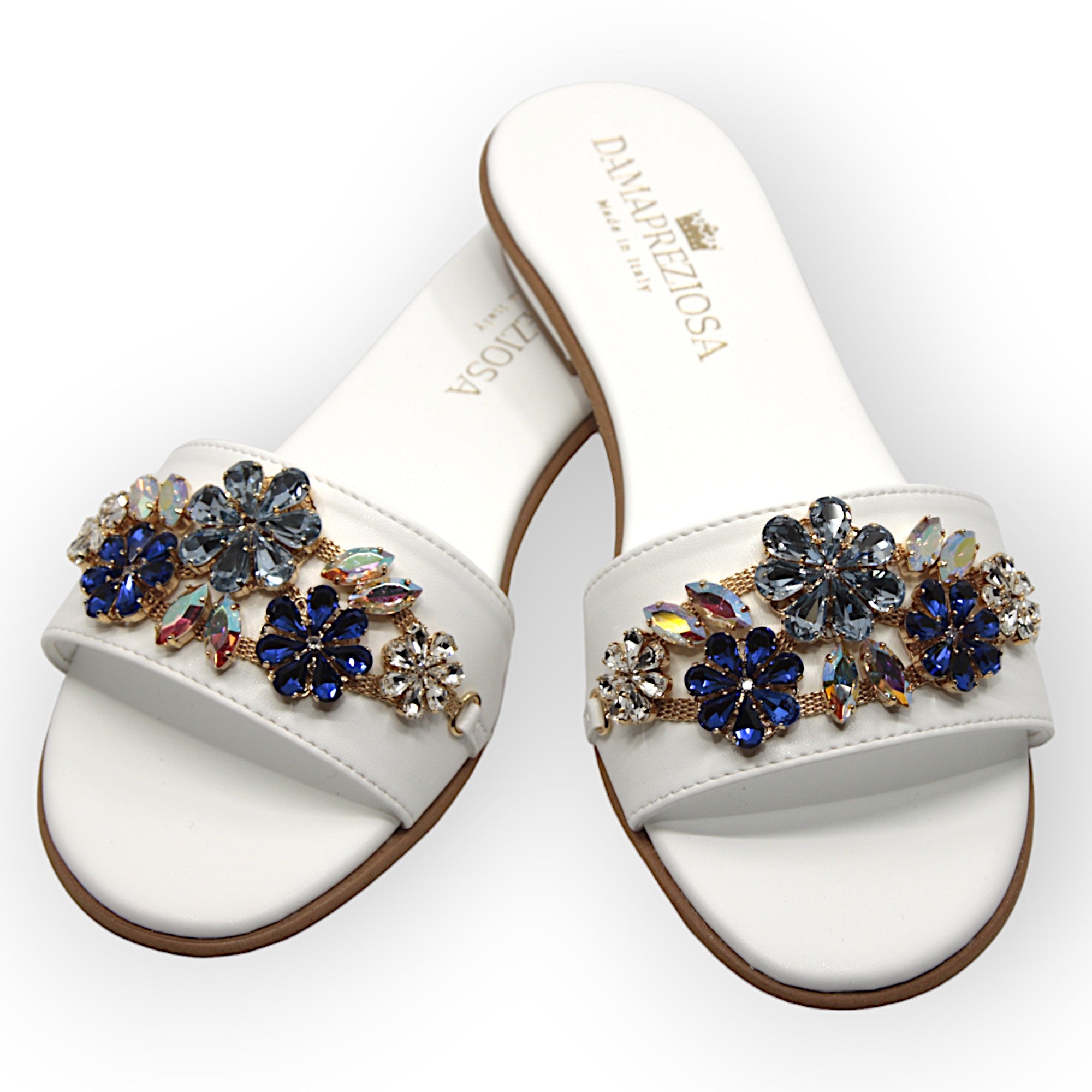 Flora White  Flat Mule Sandals With Sapphire Crystals Flat