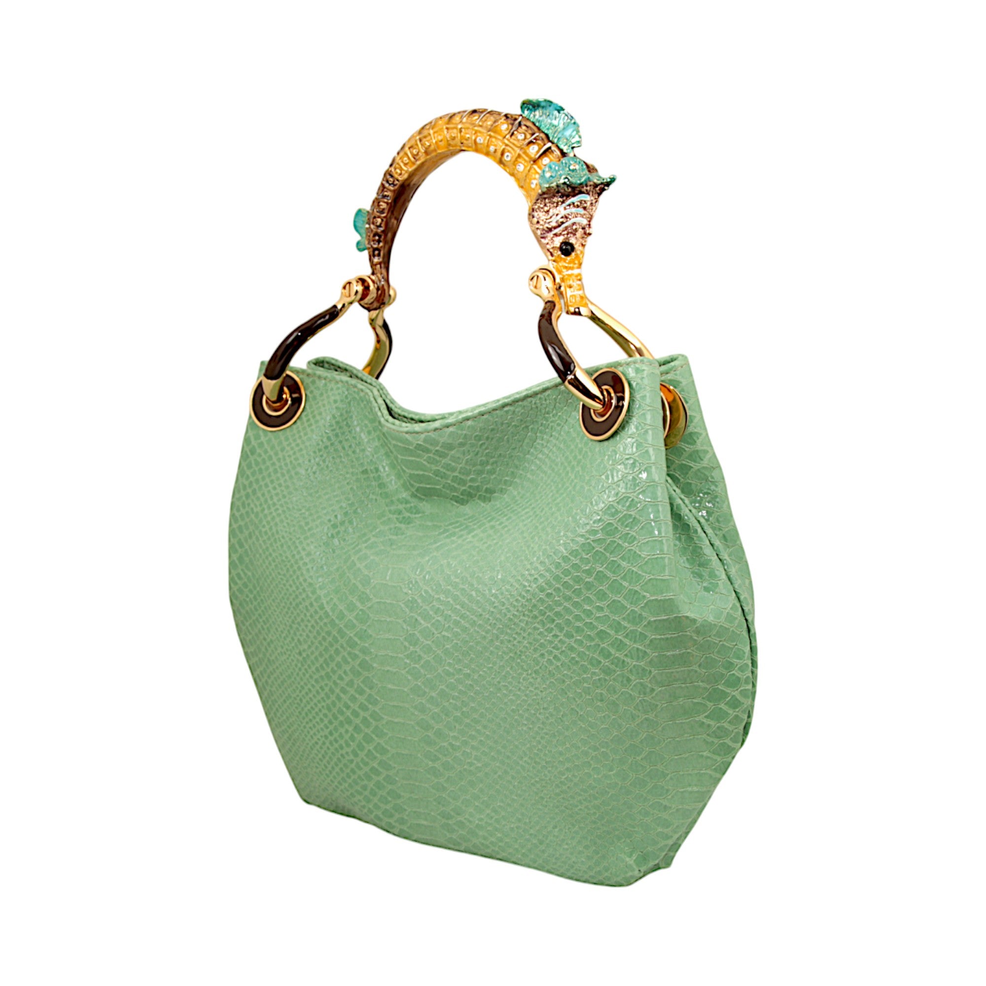 MULTICOLOR SEAHORSE SMALL BAG WITH GREEN PRINTED LEATHER