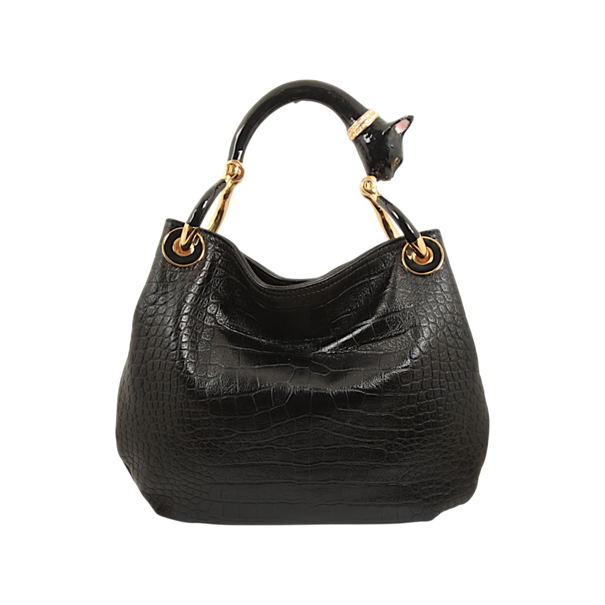 BLACK CAT SMALL HANDBAG  WITH BLACK CROCO PRINTED LEATHER