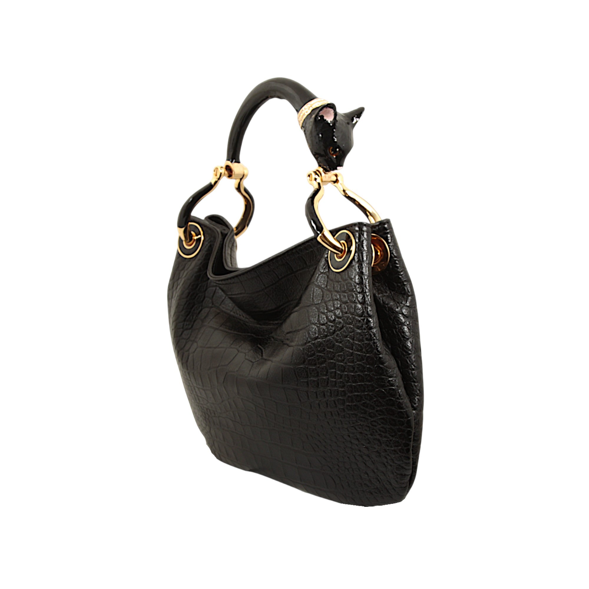 BLACK CAT SMALL HANDBAG  WITH BLACK CROCO PRINTED LEATHER