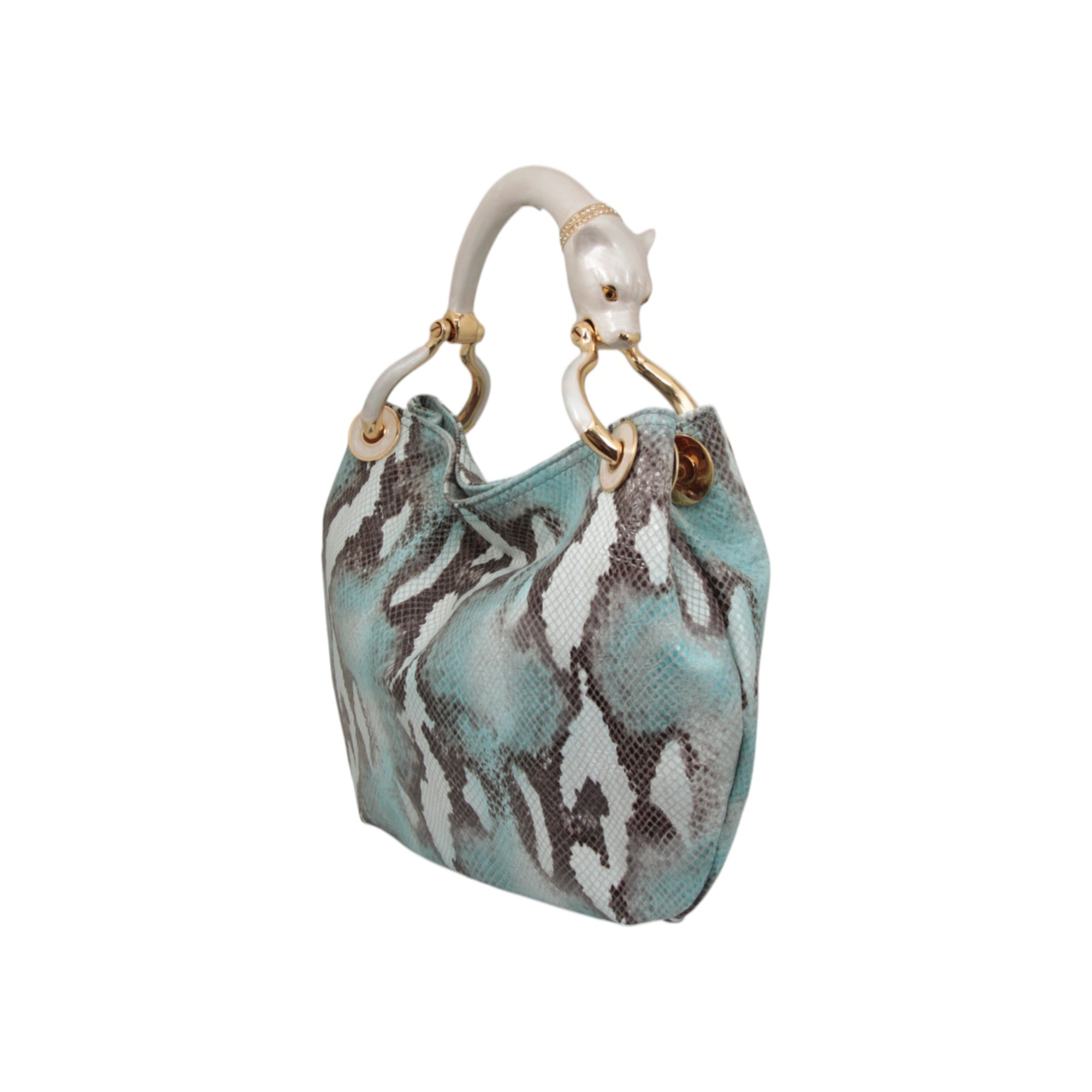 PEARL COLOR PANTHER  WITH SNAKE PRINTED SMALL HANDBAG