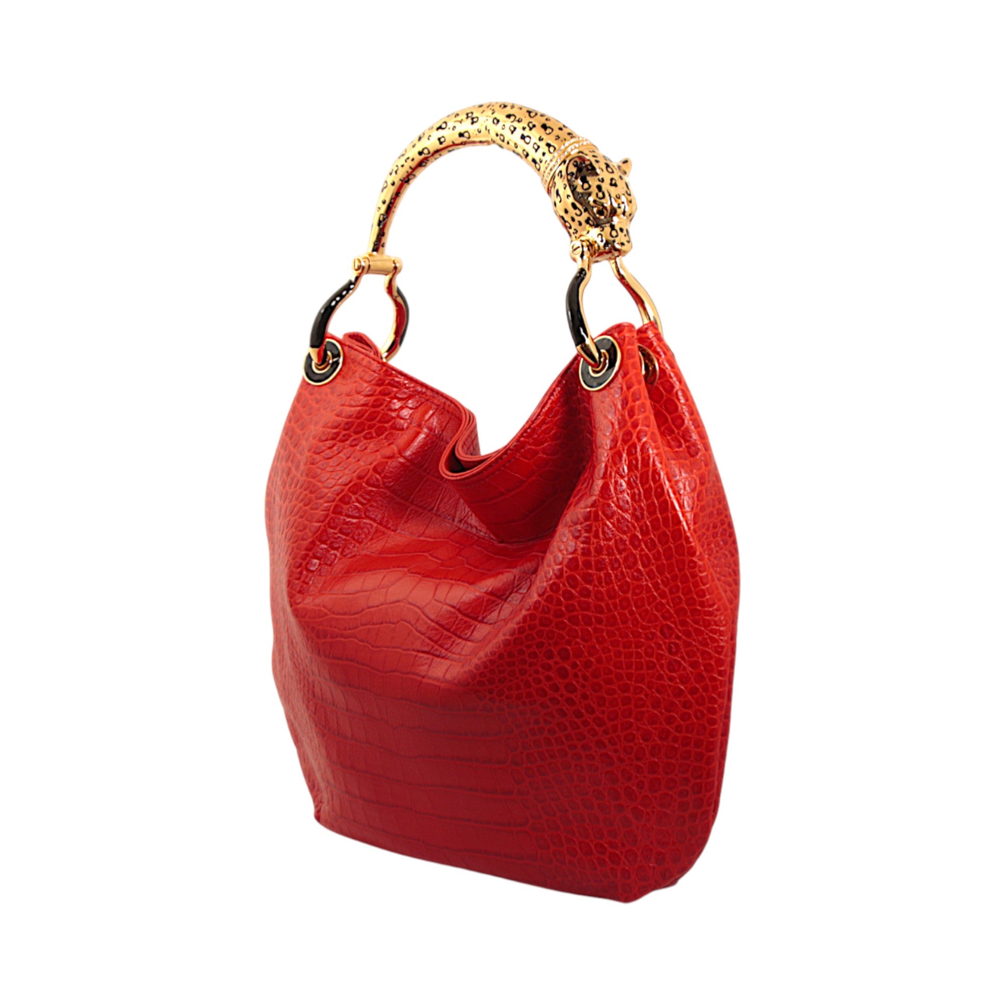 GOLDEN JAGUAR WITH RED PRINT LEATHER  HANDBAG