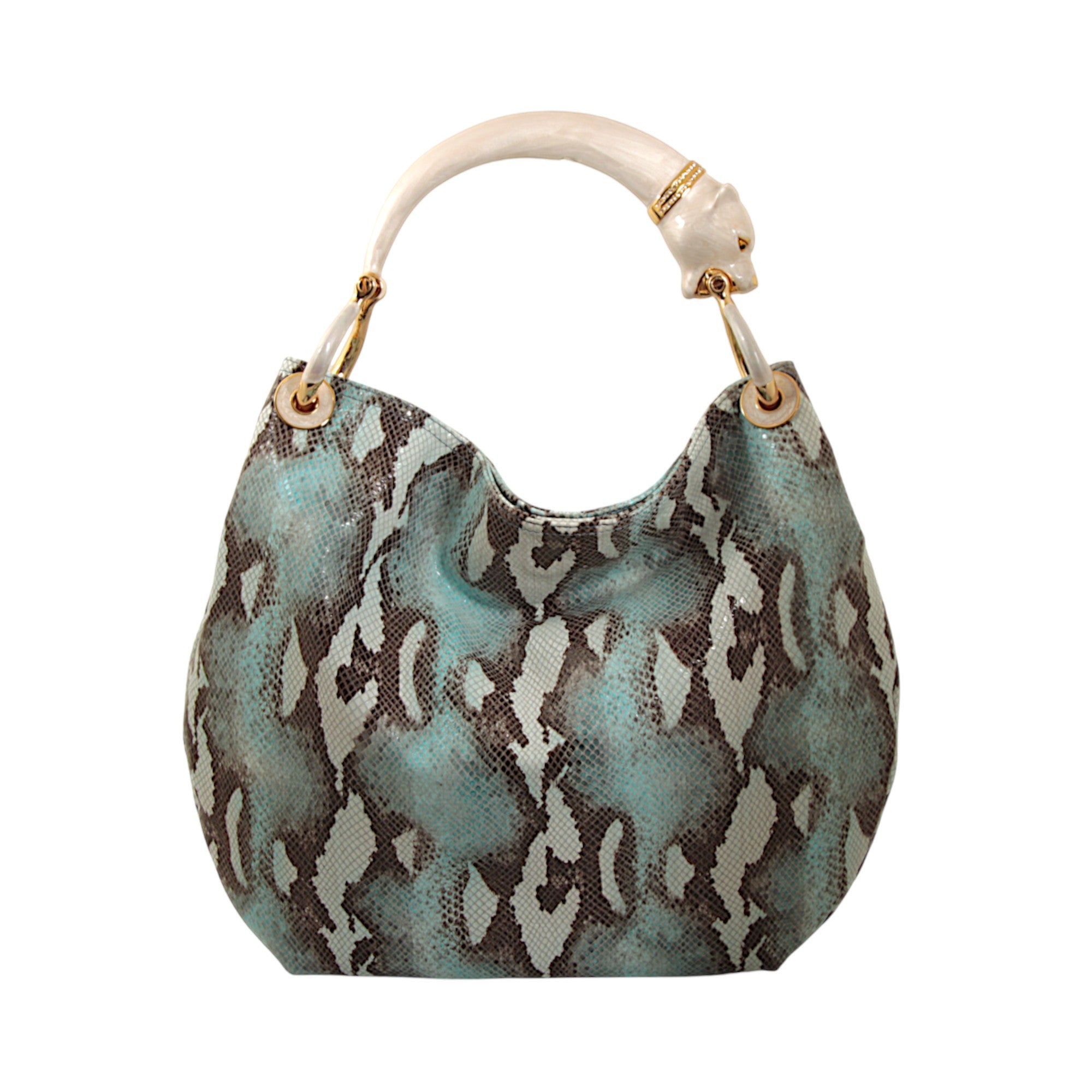 PEARL COLOR PANTHER  WITH SNAKE PRINTED  HANDBAG