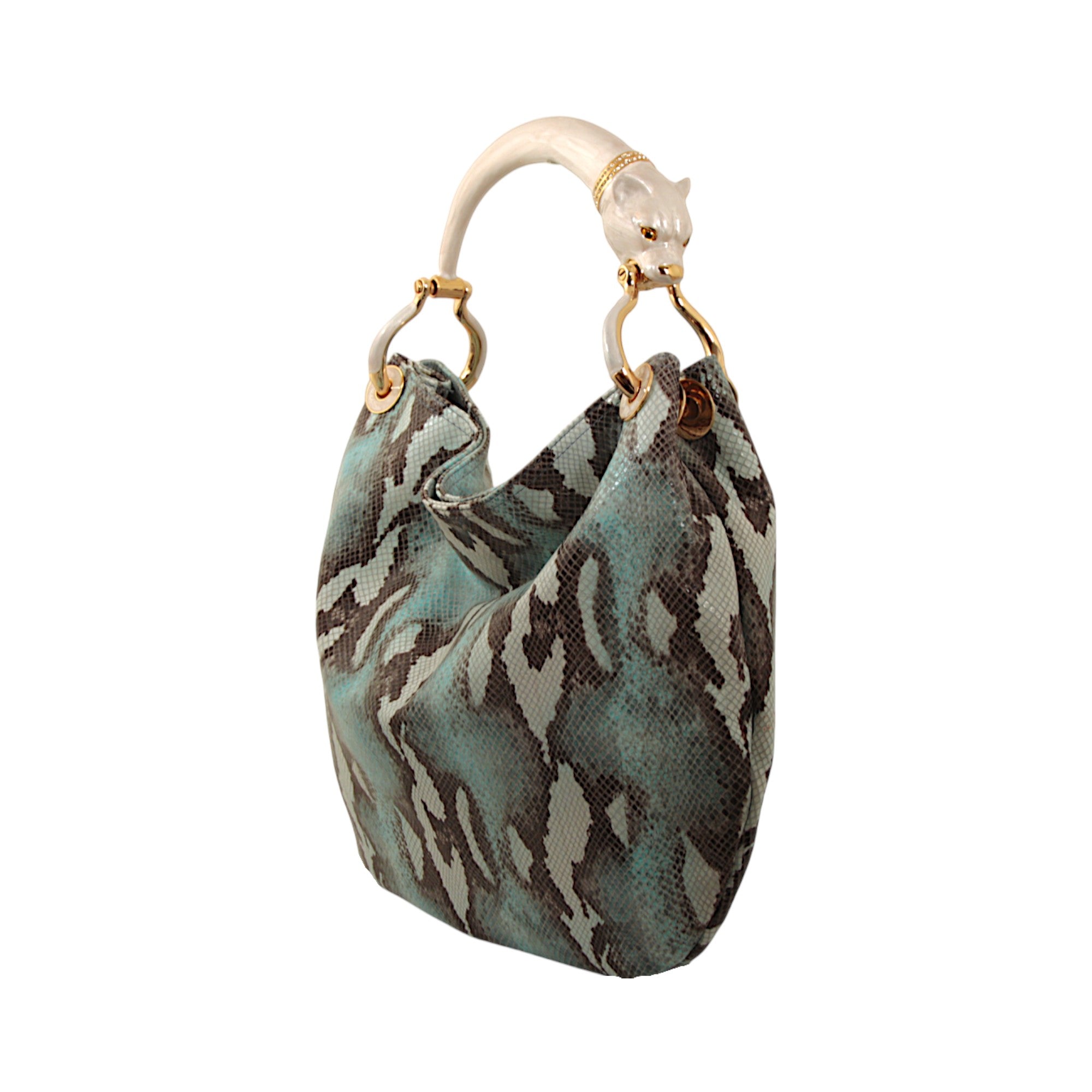 PEARL COLOR PANTHER  WITH SNAKE PRINTED  HANDBAG