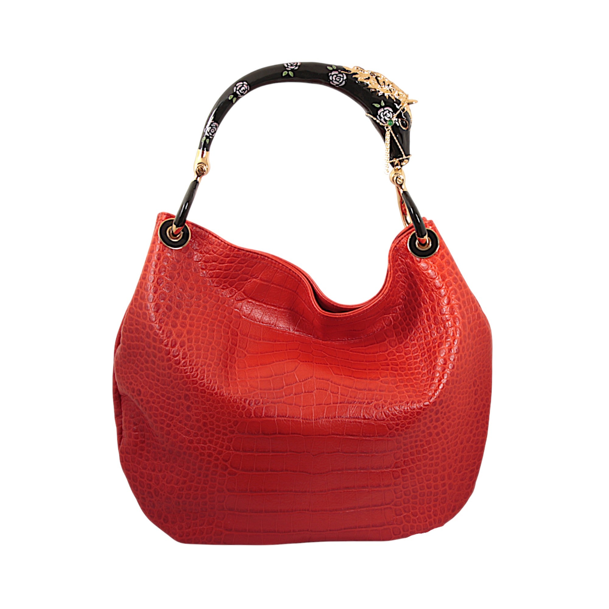 BLACK HORSE HANDBAG WITH  RED PRINTED LEATHER