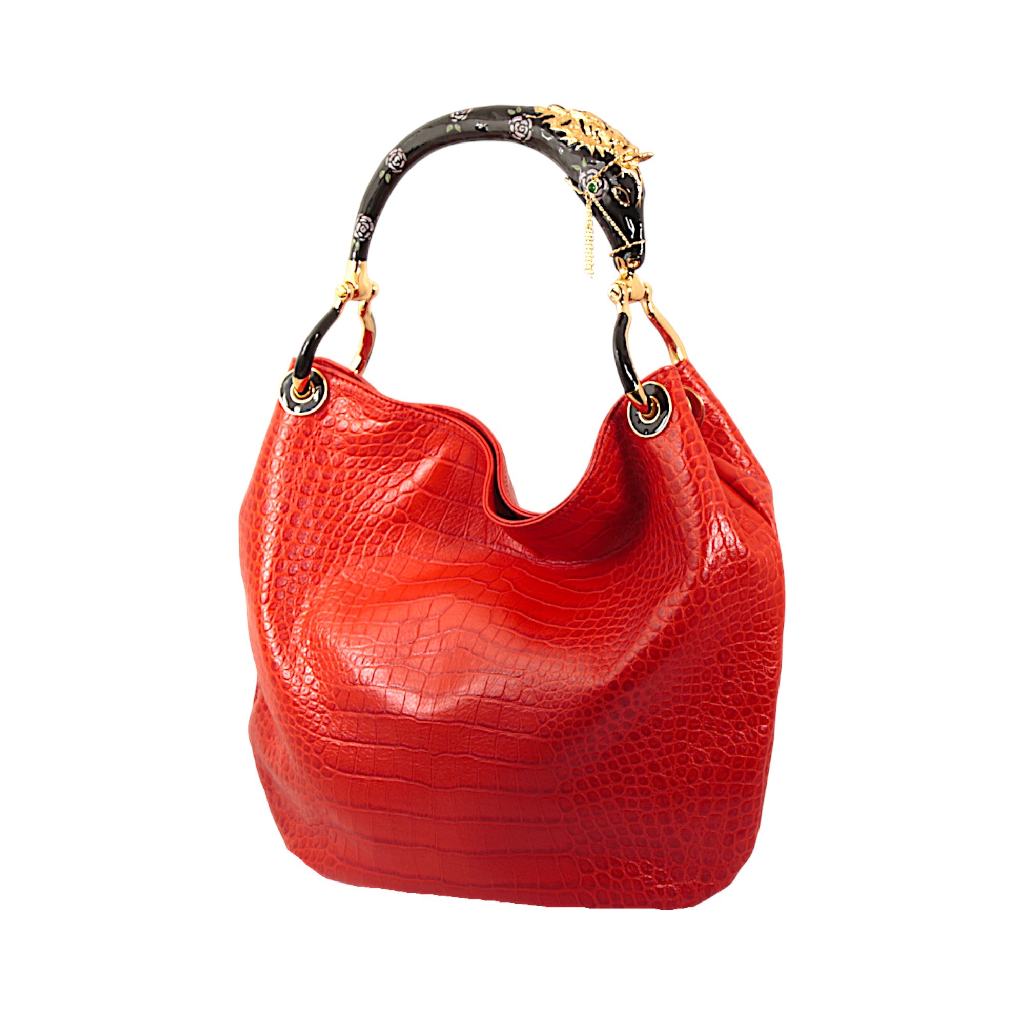 BLACK HORSE HANDBAG WITH  RED PRINTED LEATHER