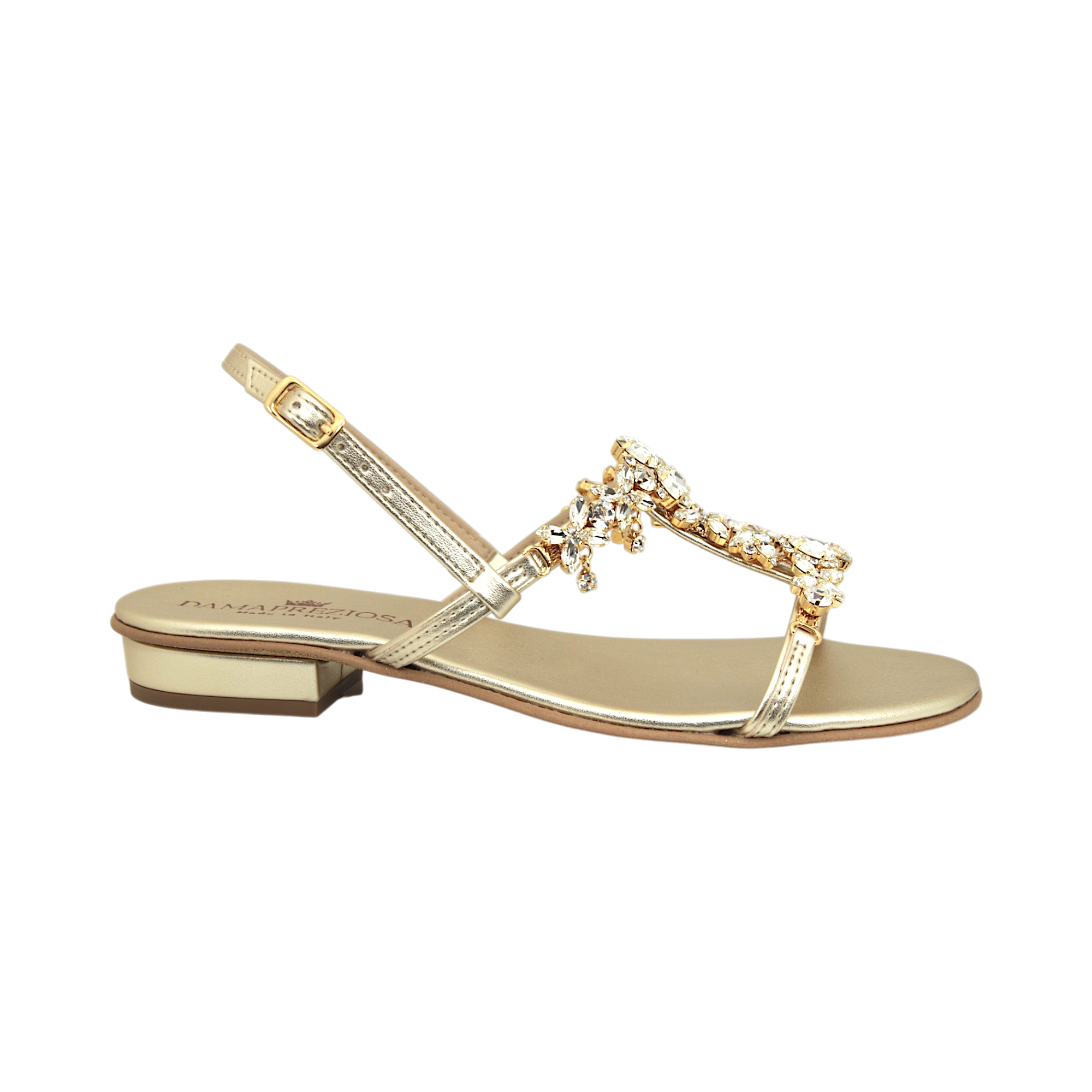 Isabella Flat Jewel Sandal with radiant crystal embellishments handmade in Italy

Elegant flat jewel sandal in platinum gold tone with luminous crystal details

Refined DAMAPREZIOSA sandal born in Sirmione with hand-set crystal embellishments