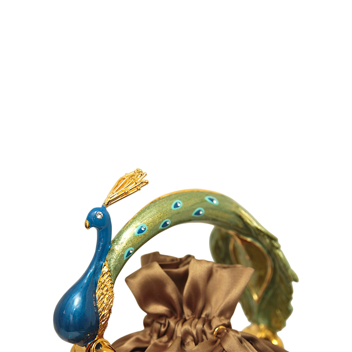 Sculptural peacock handle with blue and green enamel and gold details on a handcrafted bronze satin bucket bag