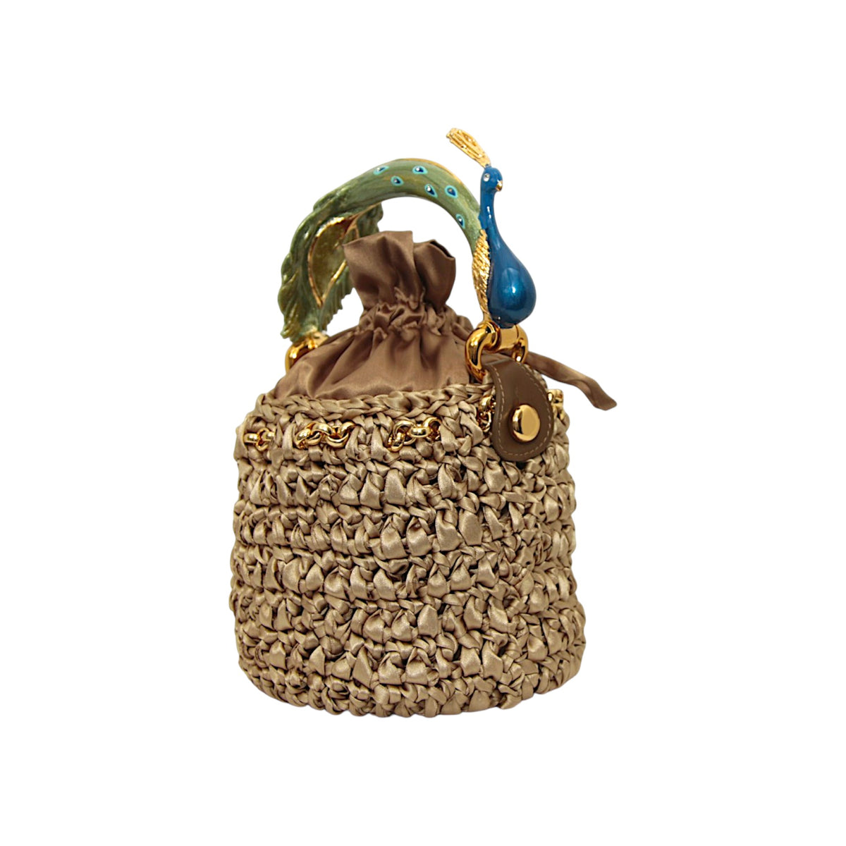 Bronze handcrafted satin crochet bucket bag with sculptural peacock handle and gold-tone hardware, handmade in Italy