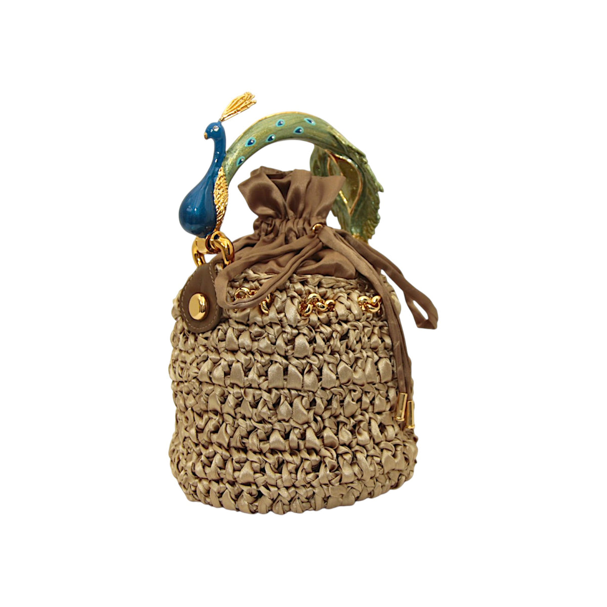 Small bronze satin bucket bag with blue and green enamel peacock sculpture handle, selected by INGA Sirmione
