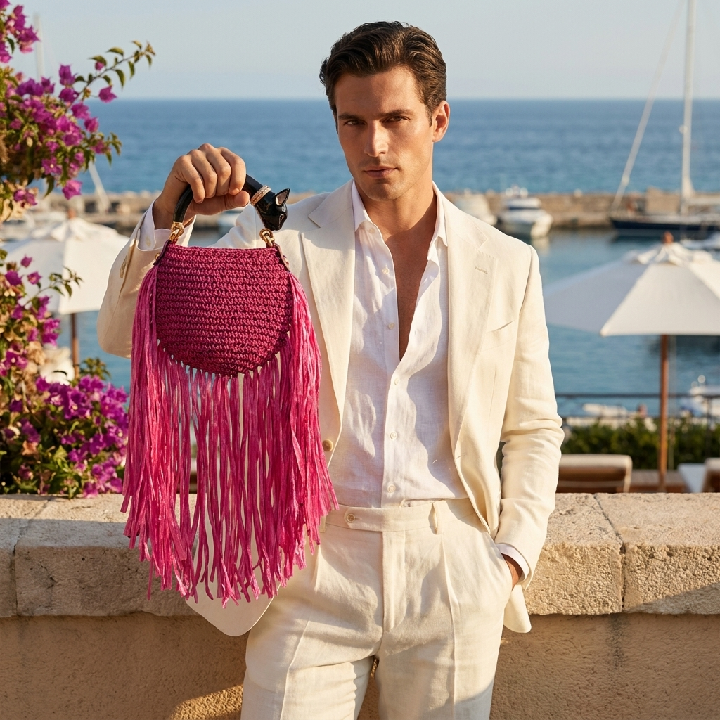 Fuchsia woven bag with dramatic fringes and sculptural black cat handle featuring hand-painted enamel and 24k gold-plated details. Saint Tropez Collection.