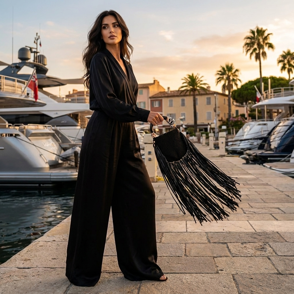 Side view of the Riviera Fringe Bag – Panther B/W Edition with black woven body, cascading raffia fringes and hand-painted panther sculptural handle.